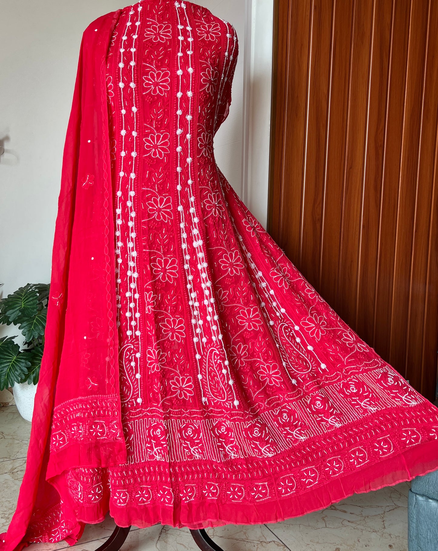 Cherry Red Chikankari Cut Dana pearl Anarkali