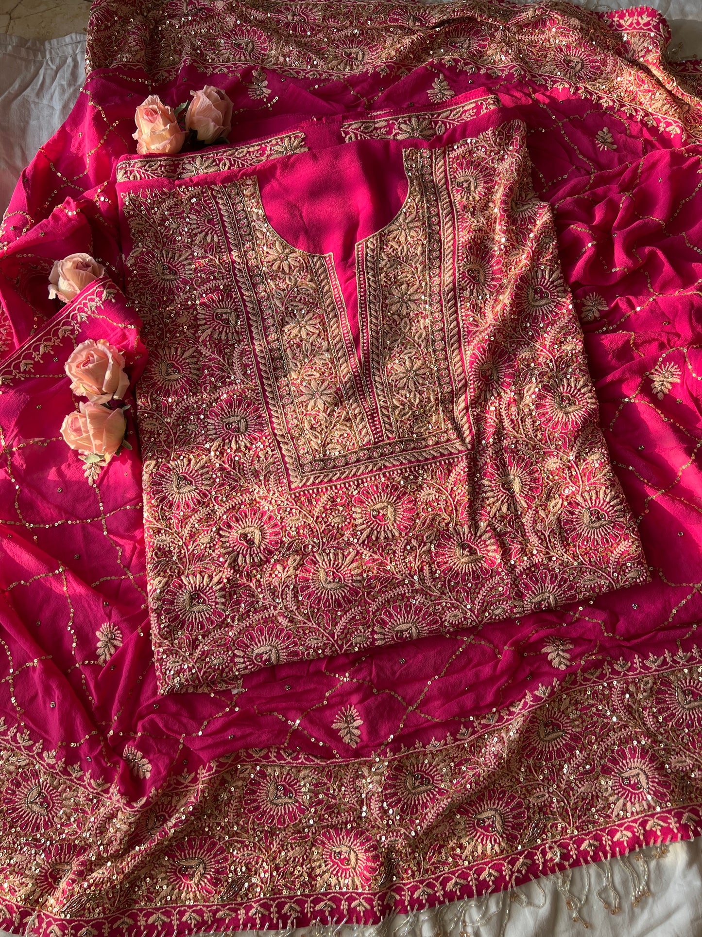 Suhaan Rani Pink 3 taar Chikankari kurta with heavy sequinned dupatta