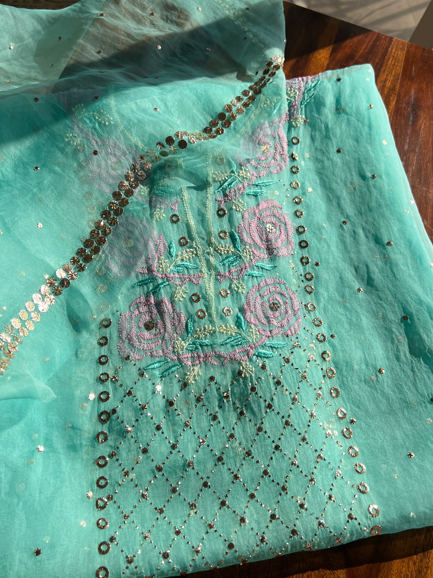 Firozi Chikankari and Mukaish pure Organza kurta with dupatta
