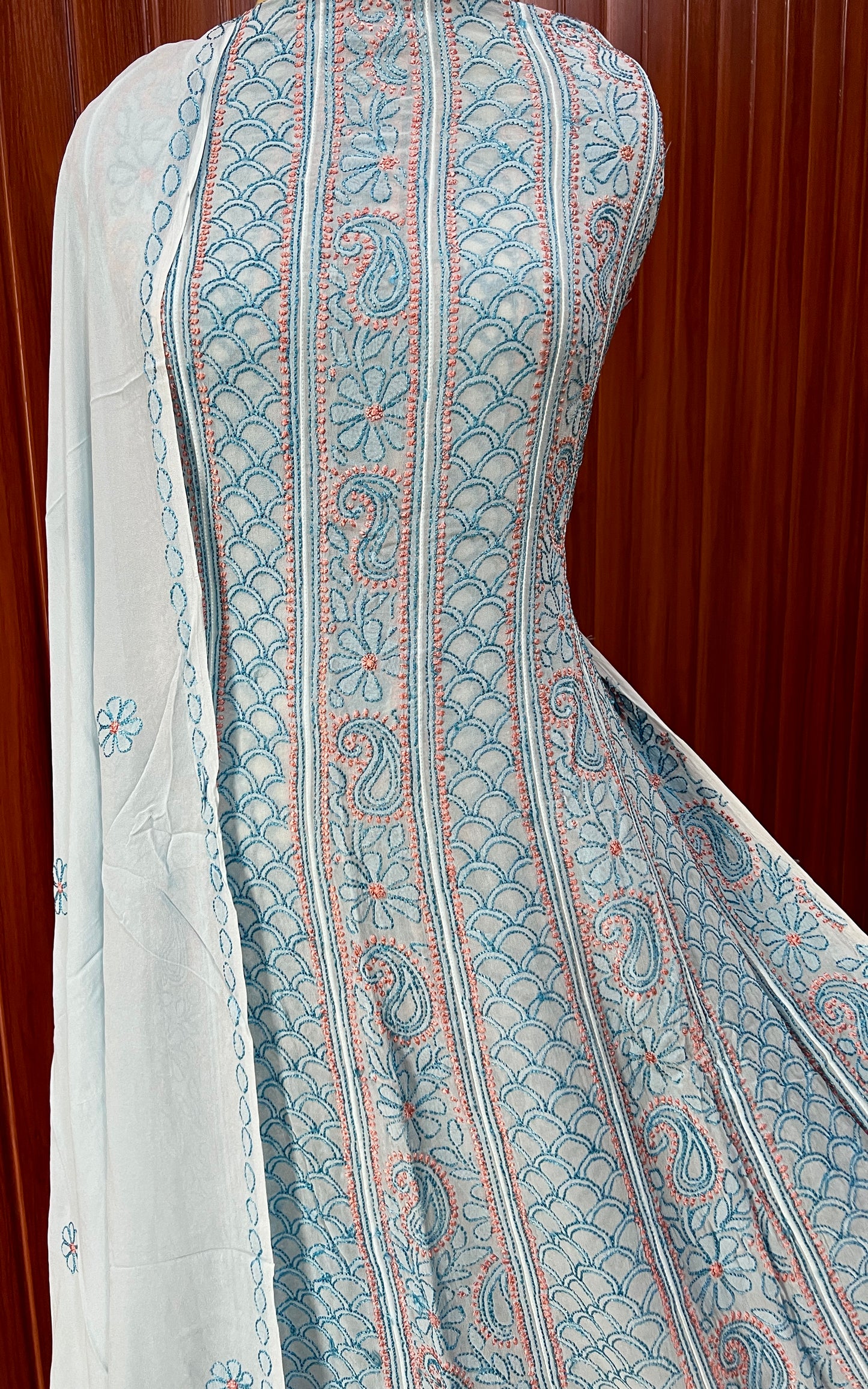 Sky Blue Resham Chikankari Embroidered Anarkali with Dupatta