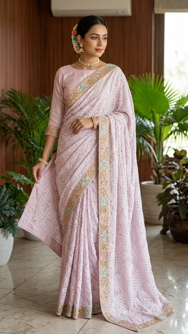 Ruhani Dusty Pink Chikankari and Mukaish Saree with designer border