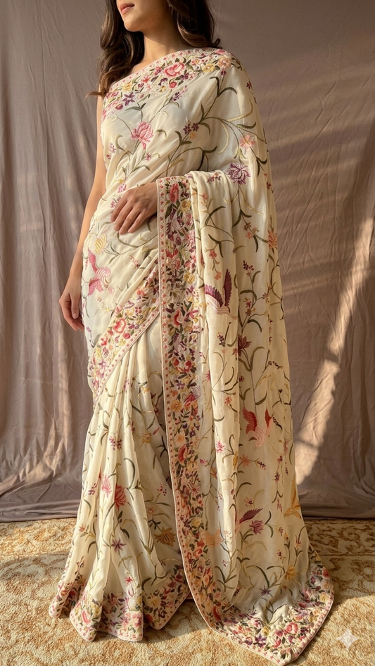 Ivory Parsi Gara Allover Hand Embroidered Saree on Pure Crepe