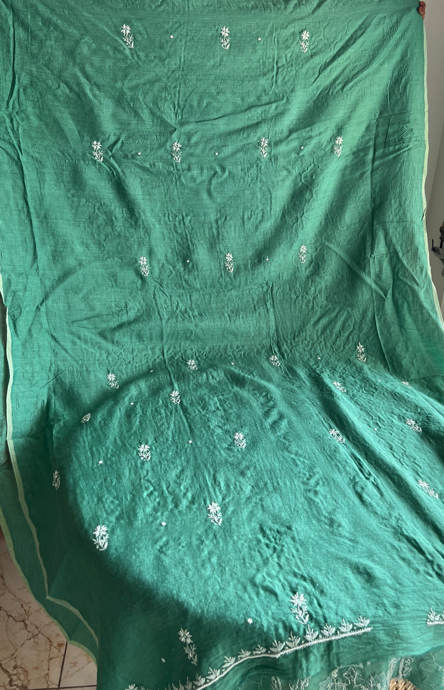 Moonga Silk Chikankari pearl and cut Dana work kurta and dupatta