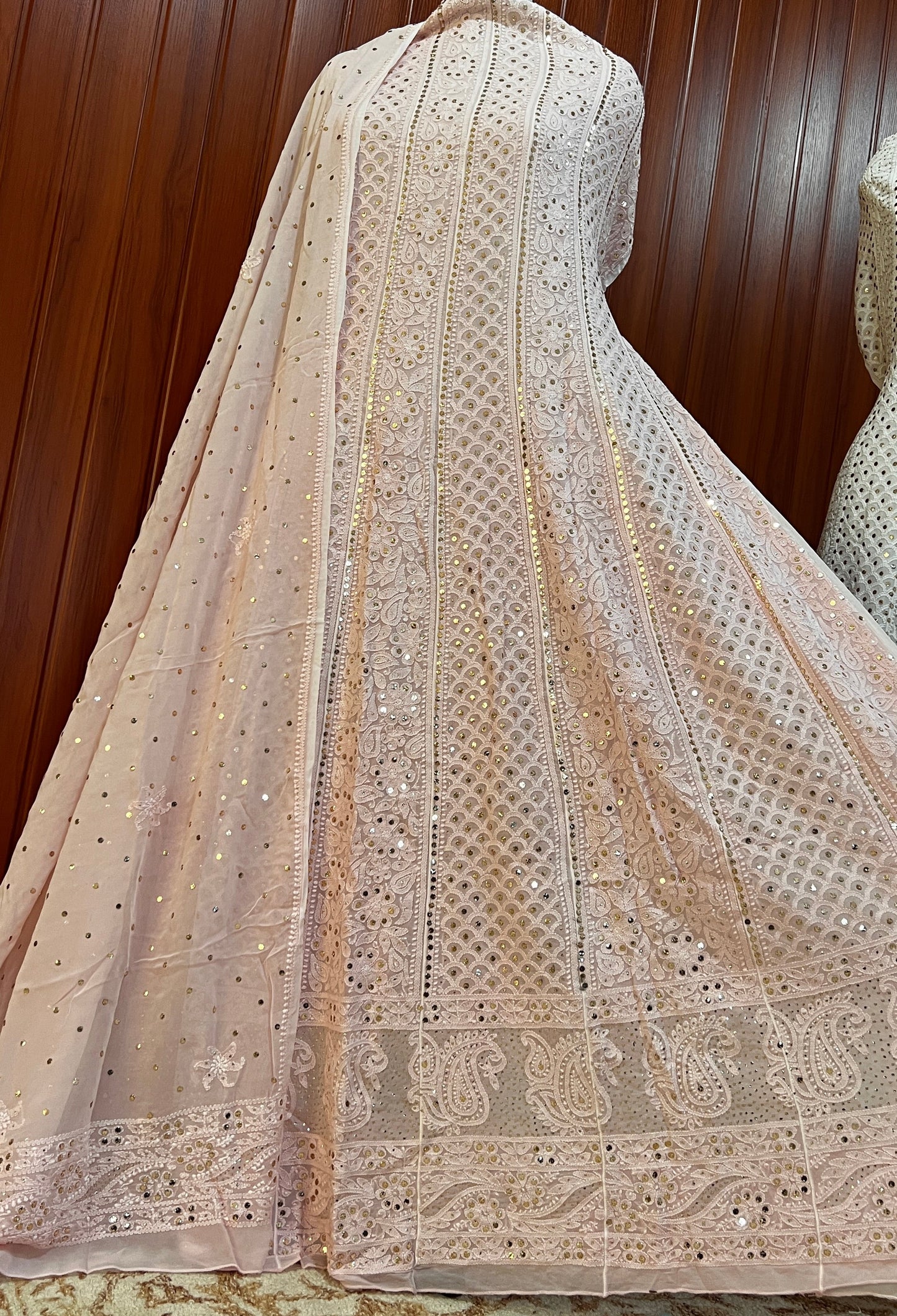 Light pink allover Chikankari and mukaish anarkali with dupatta