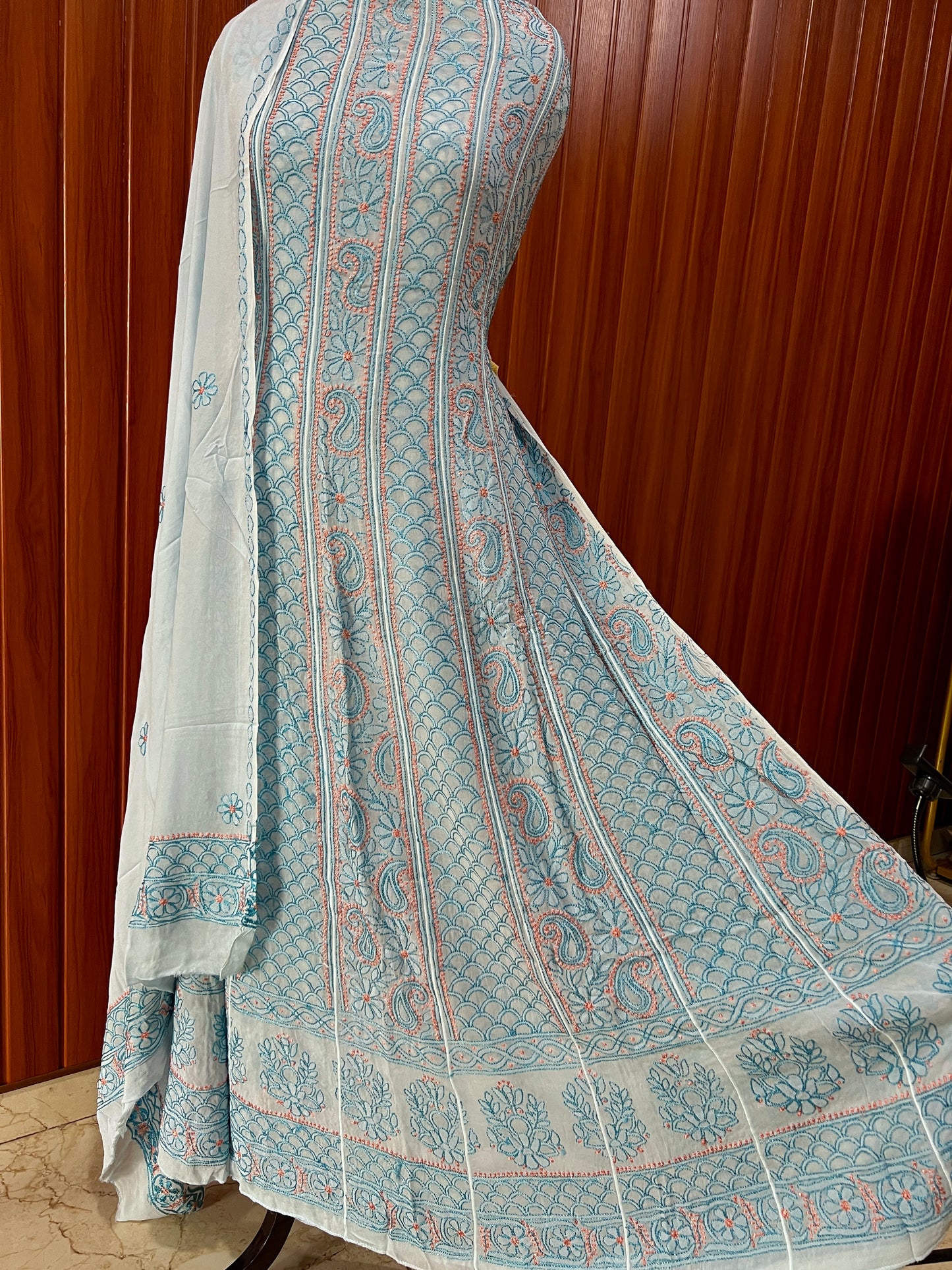 Sky Blue Resham Chikankari Embroidered Anarkali with Dupatta