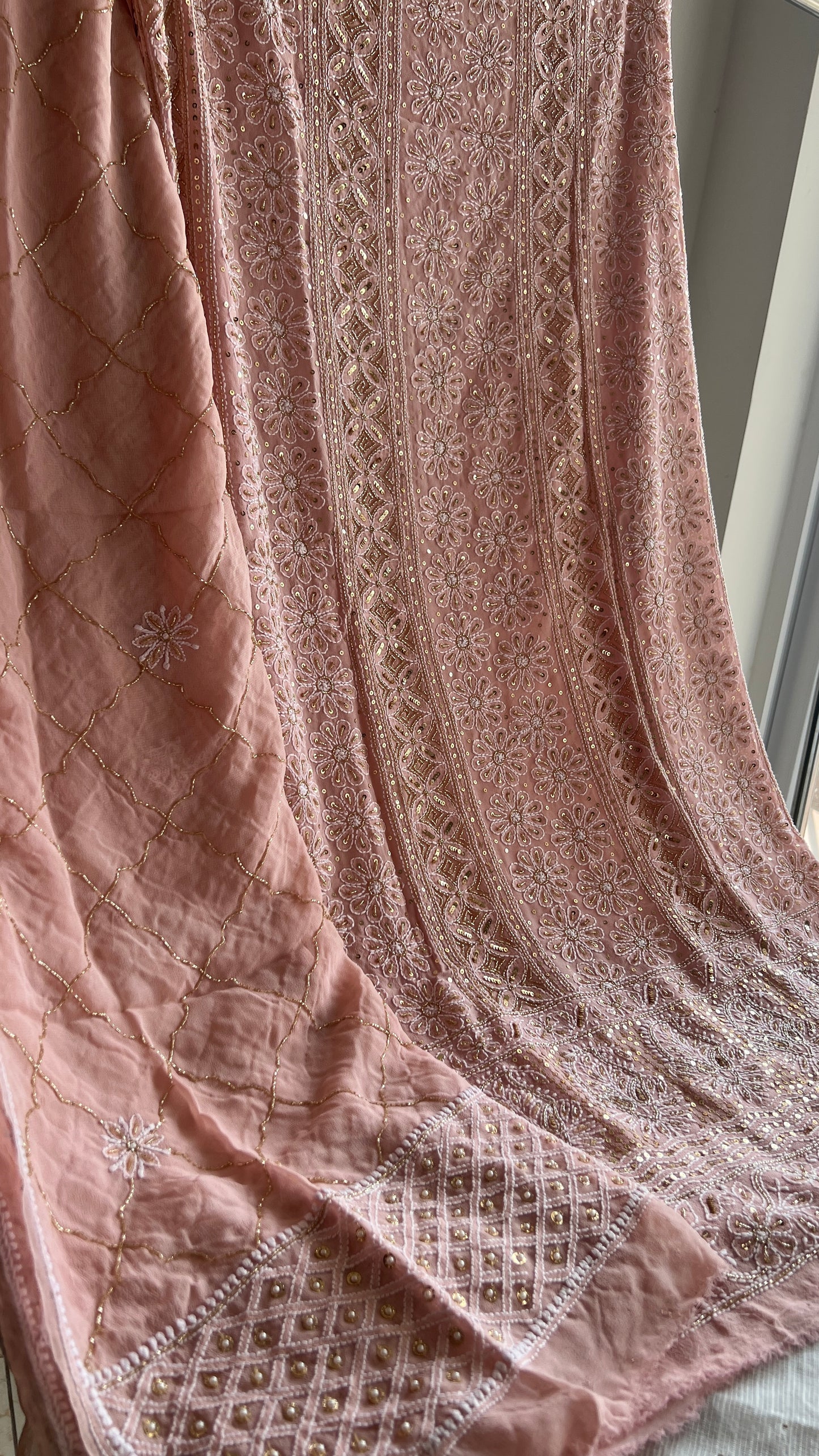 Ruhani Blush Peach Chikankari golden cut dana sequins kurta and dupatta