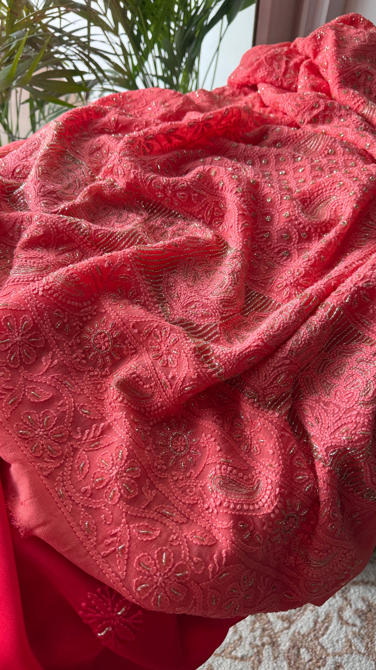 Coral Chikankari golden Cut Dana and aari work Kurta and Dupatta