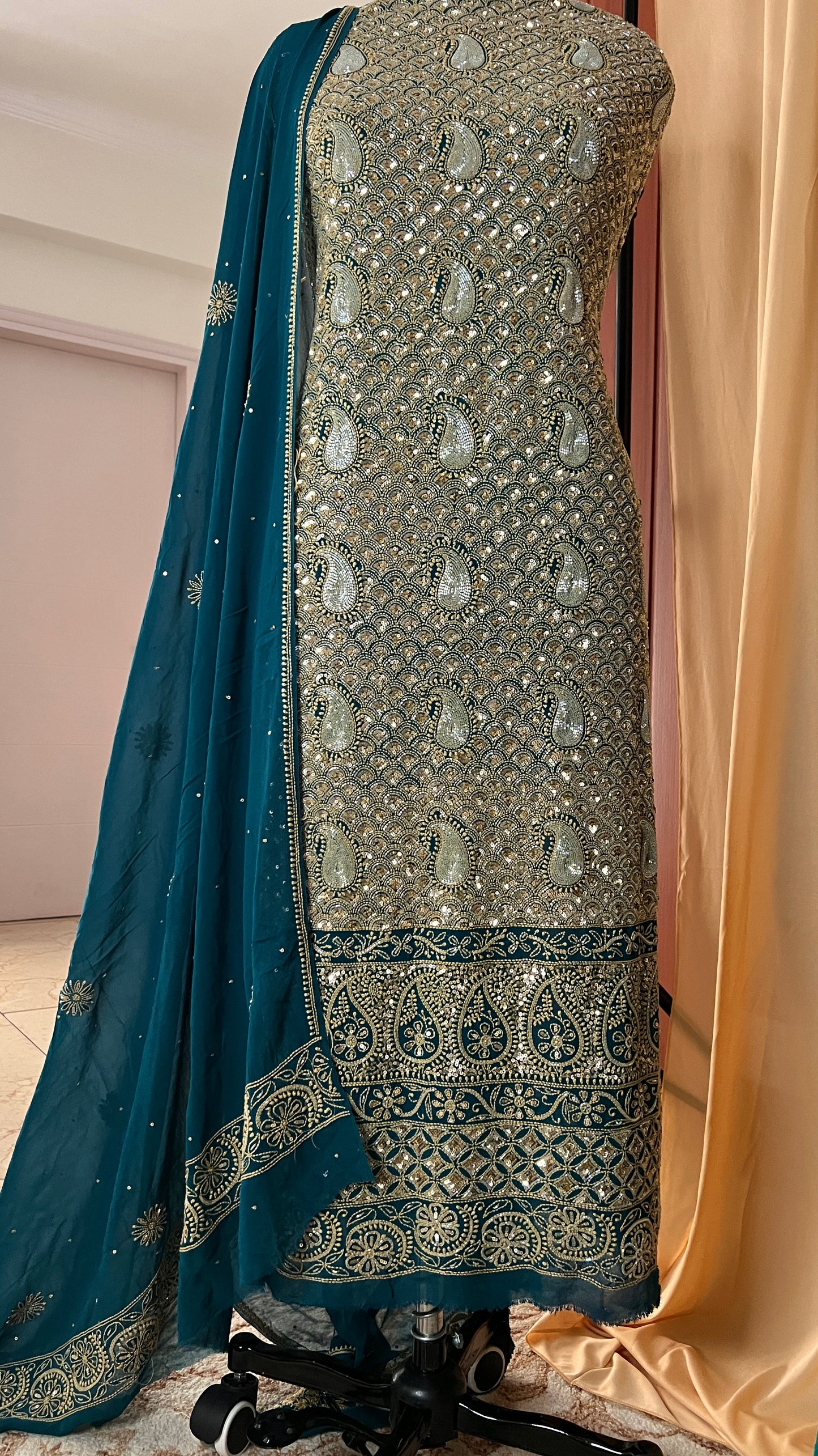Ruhani Teal Chikankari heavy cut dana sequins kurta and dupatta