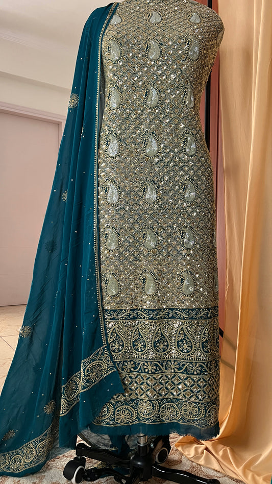 Ruhani Teal Chikankari heavy cut dana sequins kurta and dupatta