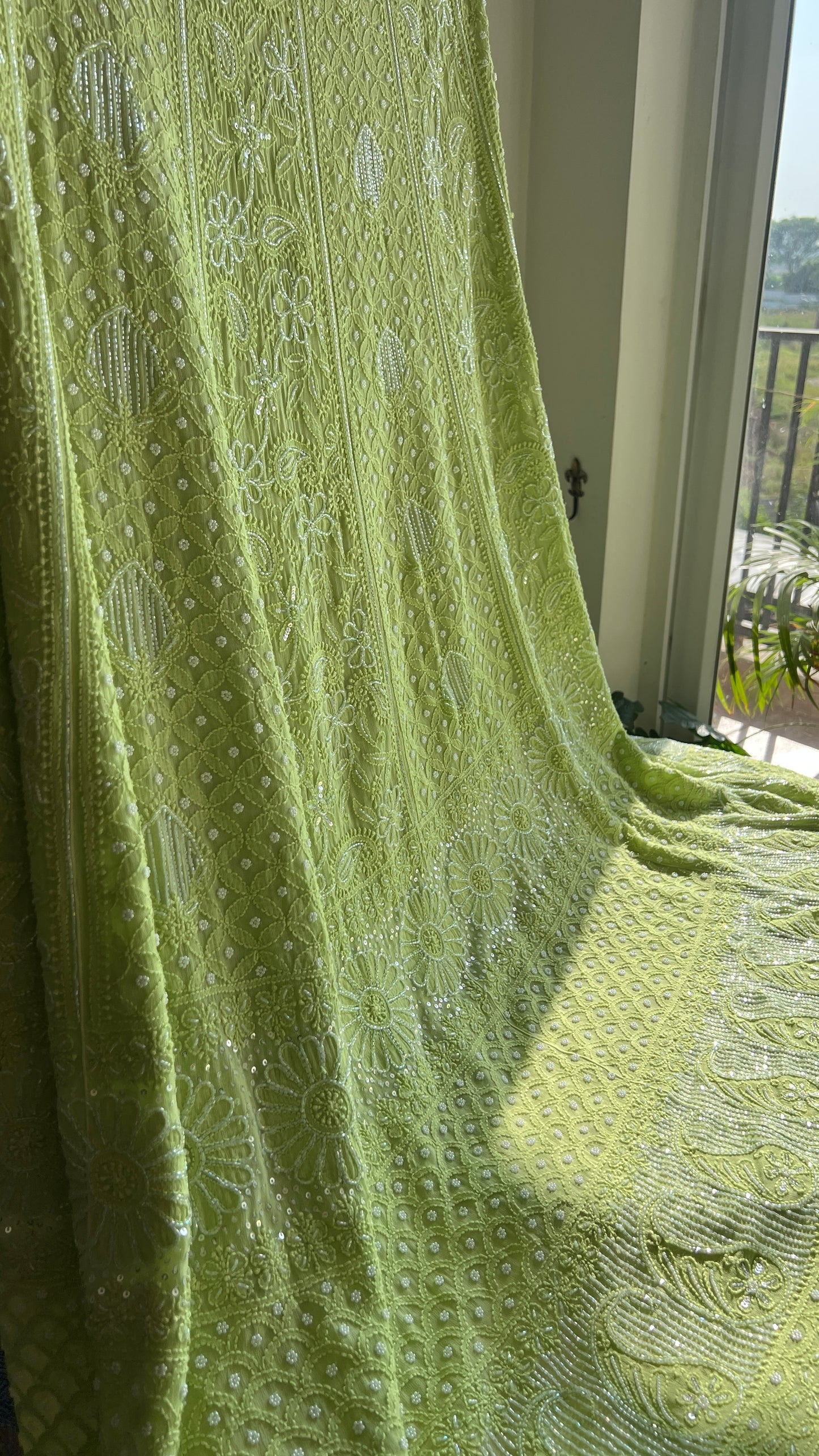Lime Green Chikankari Cut Dana and Pearl Lehenga