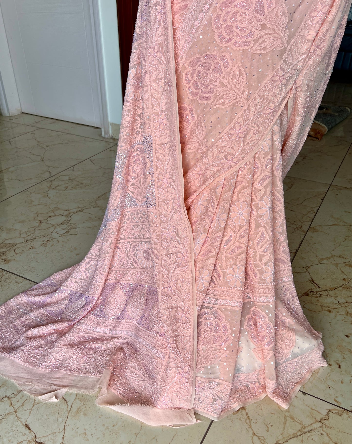 Ruhani Blush Peach Chikankari Cut Dana and Sequins Saree