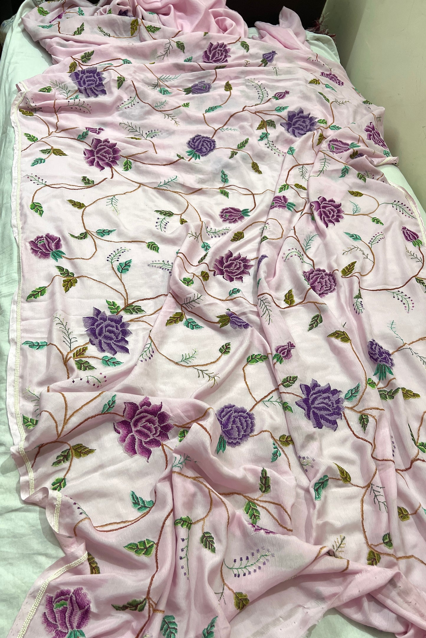 Lilac Pink Masterpiece Petit Point Hand Embroidered Saree