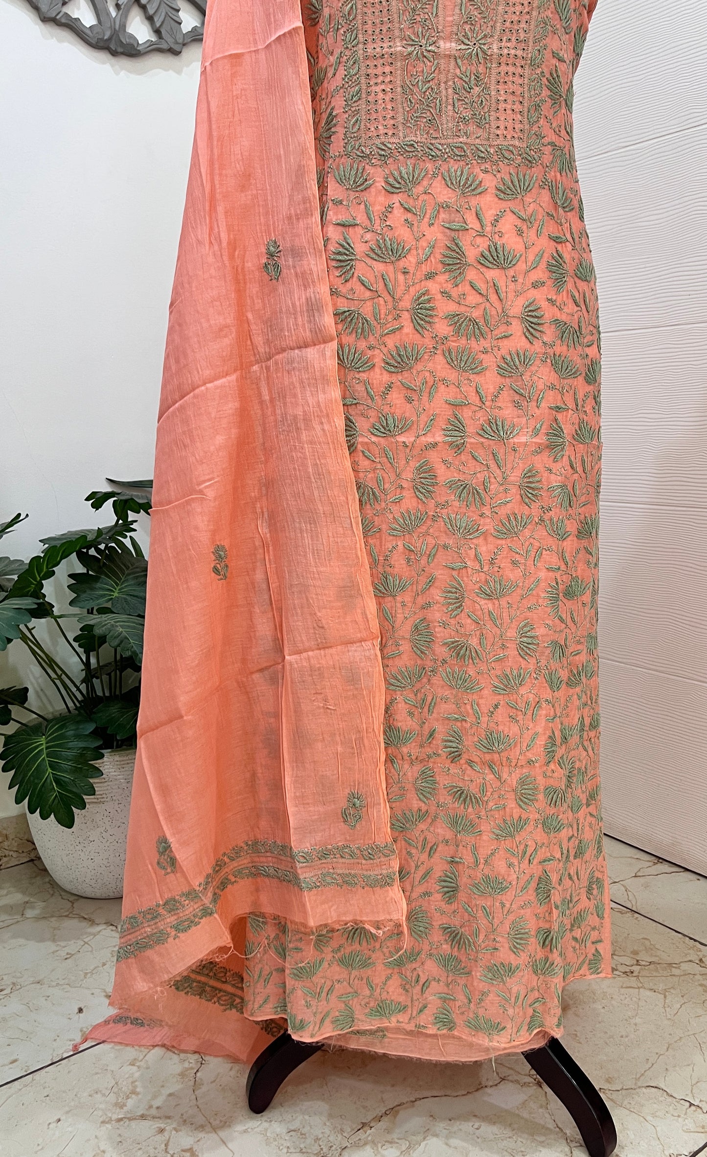 Orange Mul chanderi Chikankari embroidered kurta and dupatta