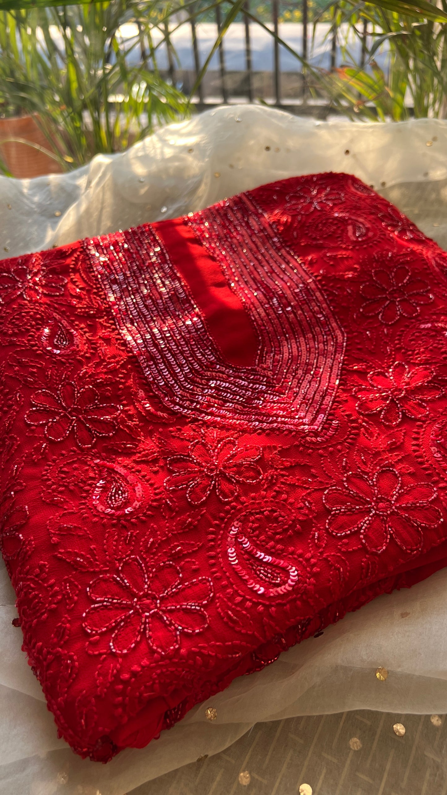 Red Chikankari cut dana sequins work kurta and dupatta