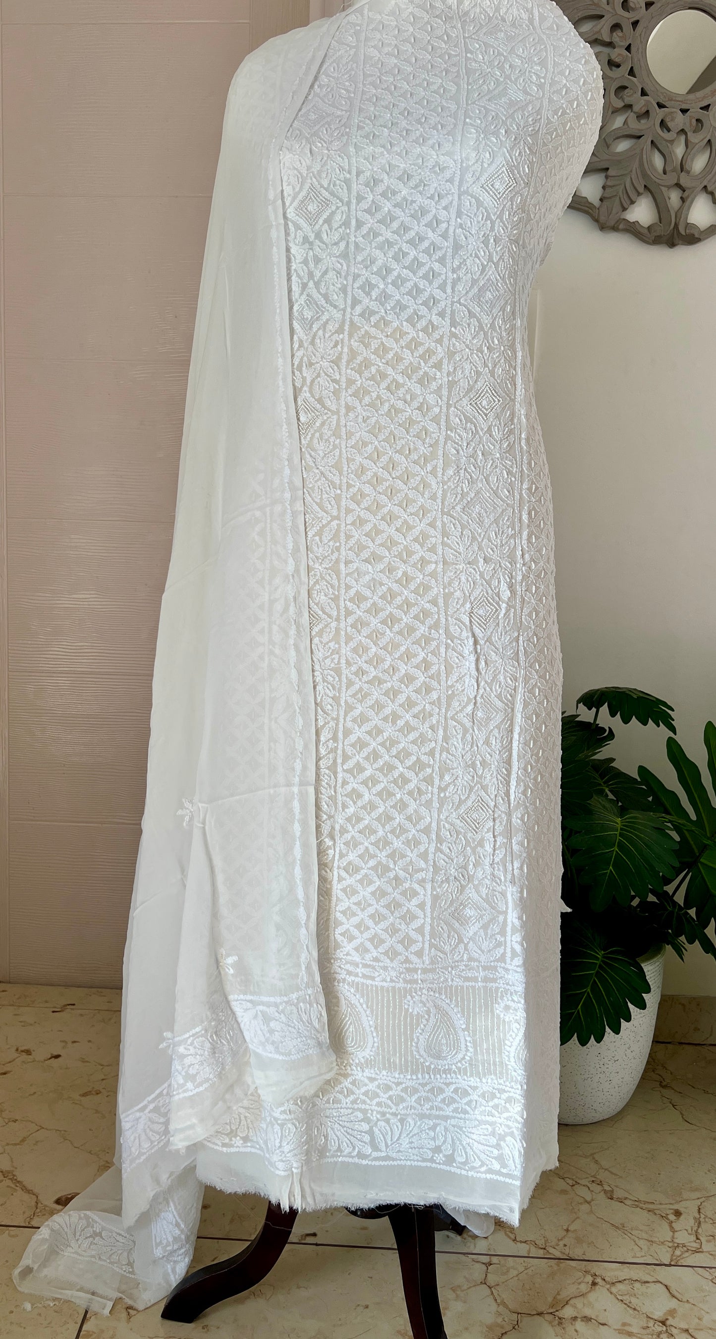 White Chikankari pearl and aari work Kurta and Dupatta