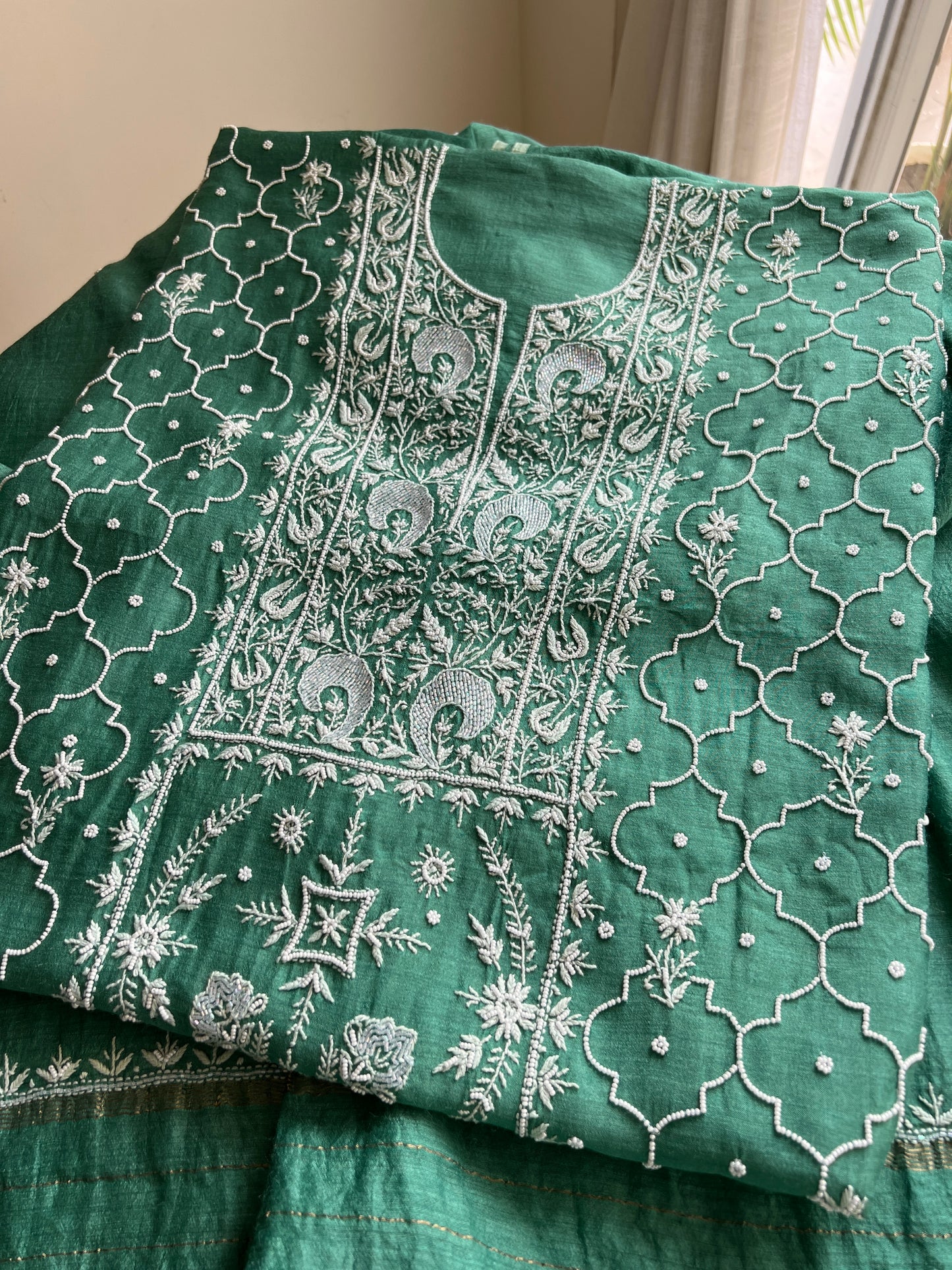Moonga Silk Chikankari pearl and cut Dana work kurta and dupatta