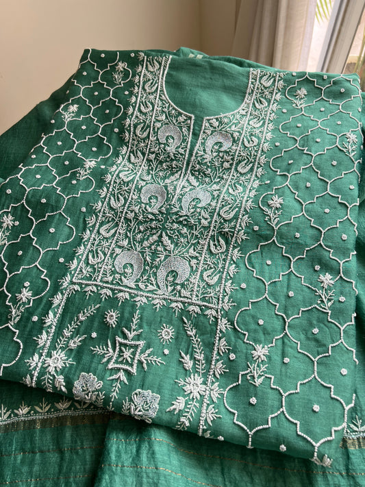 Moonga Silk Chikankari pearl and cut Dana work kurta and dupatta