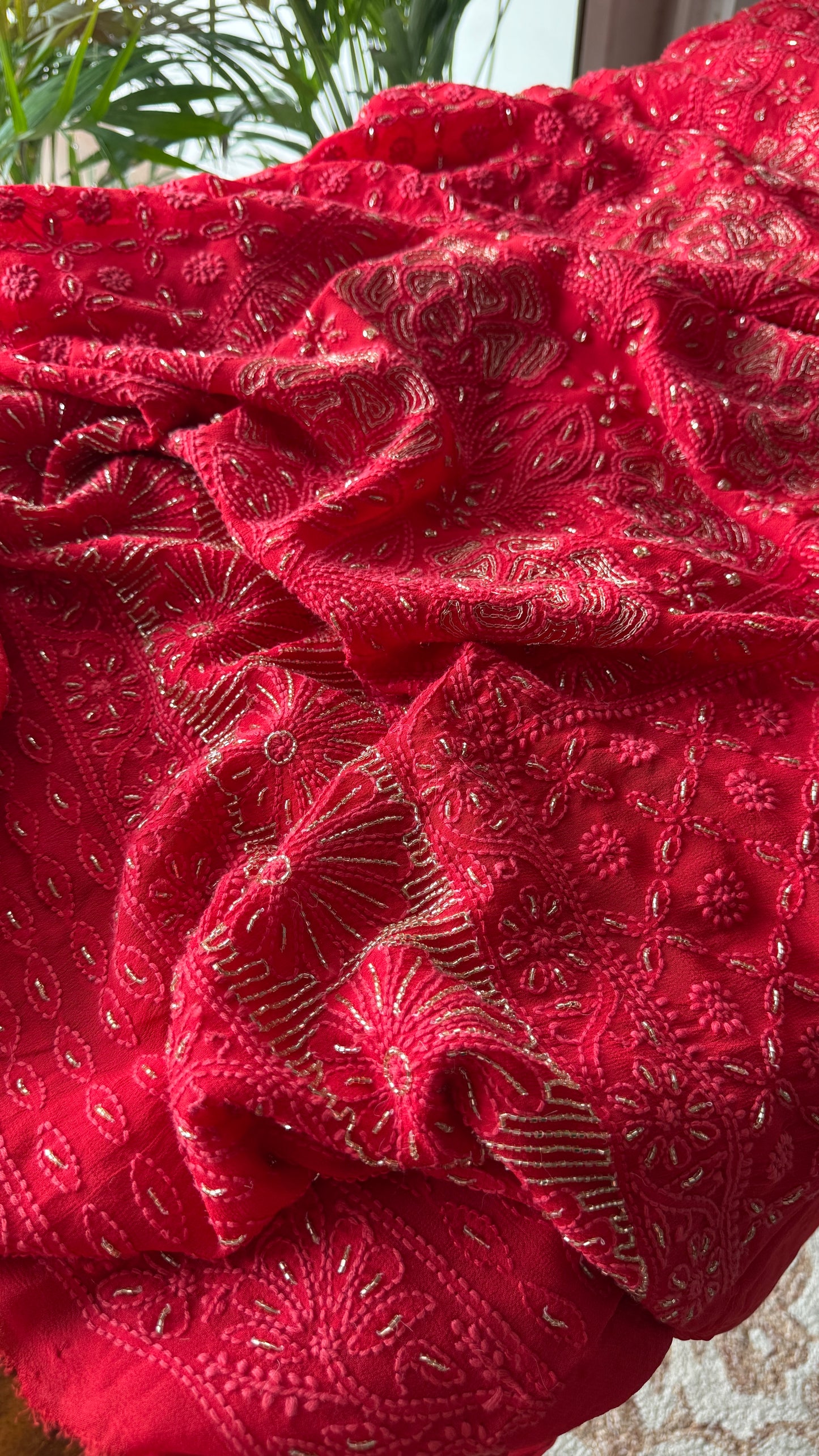 Gajri Red Chikankari golden Cut Dana and aari work Kurta and Dupatta