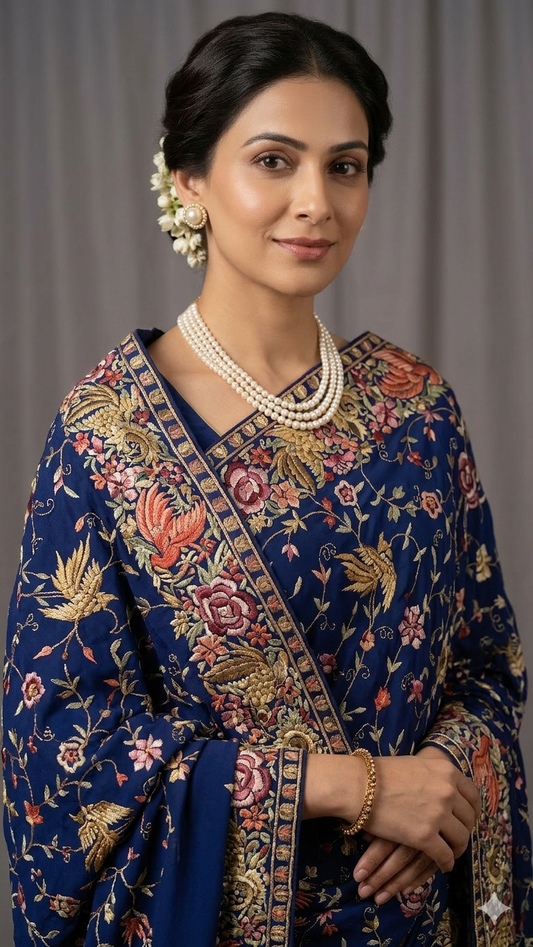 Navy Blue Masterpiece Parsi Gara Pure Crepe Saree