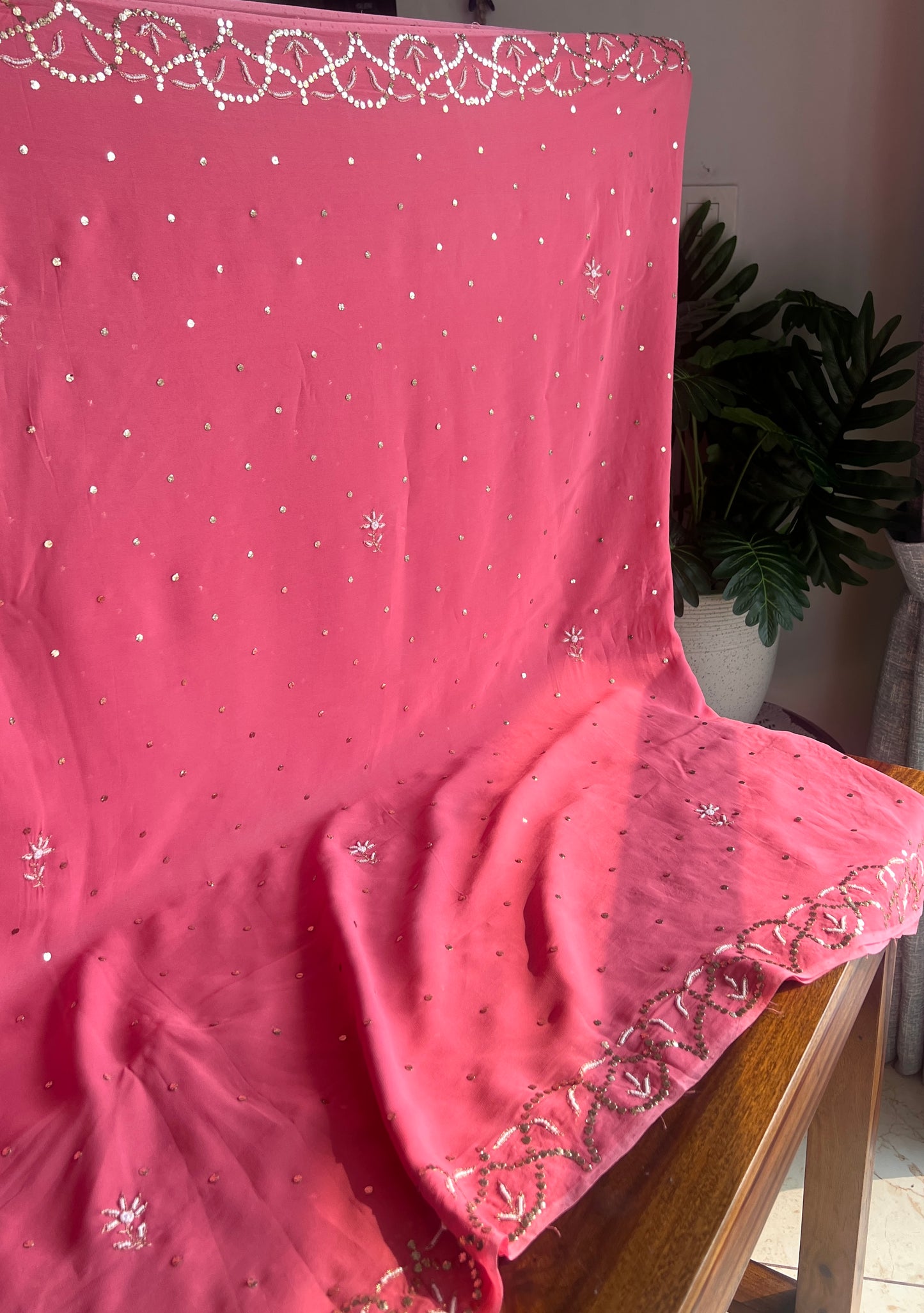 Rouge Pink georgette Saree with Mukaish and pearl work