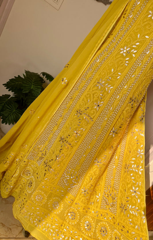 Yellow Chikankari pearl and Gota Patti Anarkali