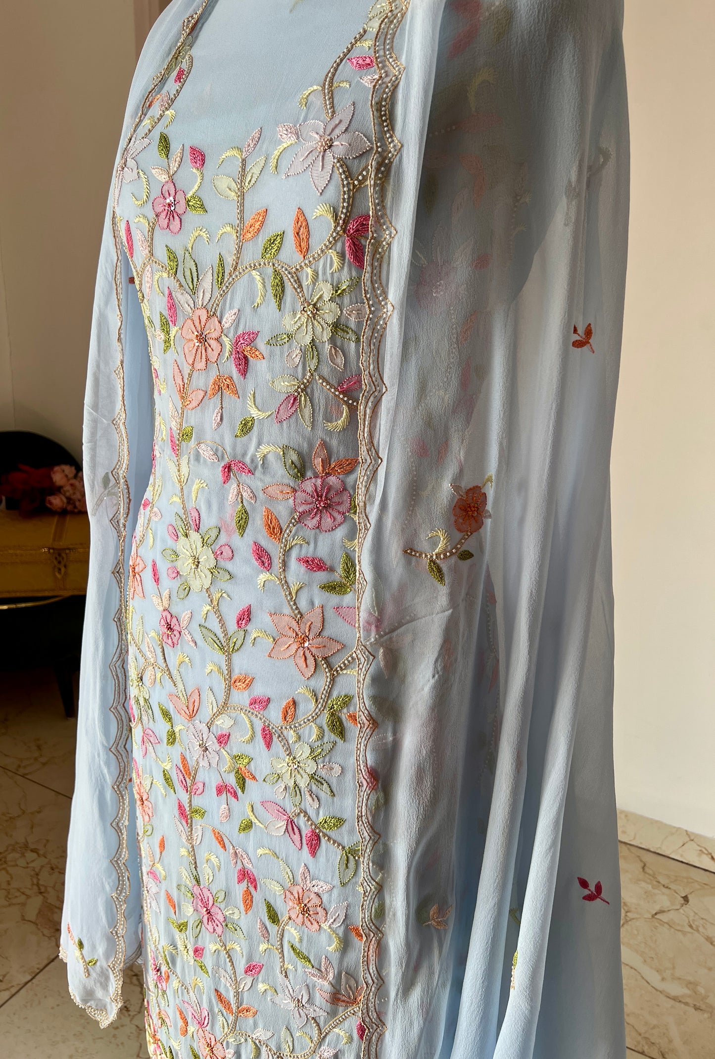 Light Blue Resham Chikankari Parsi Gara and pearl work suit