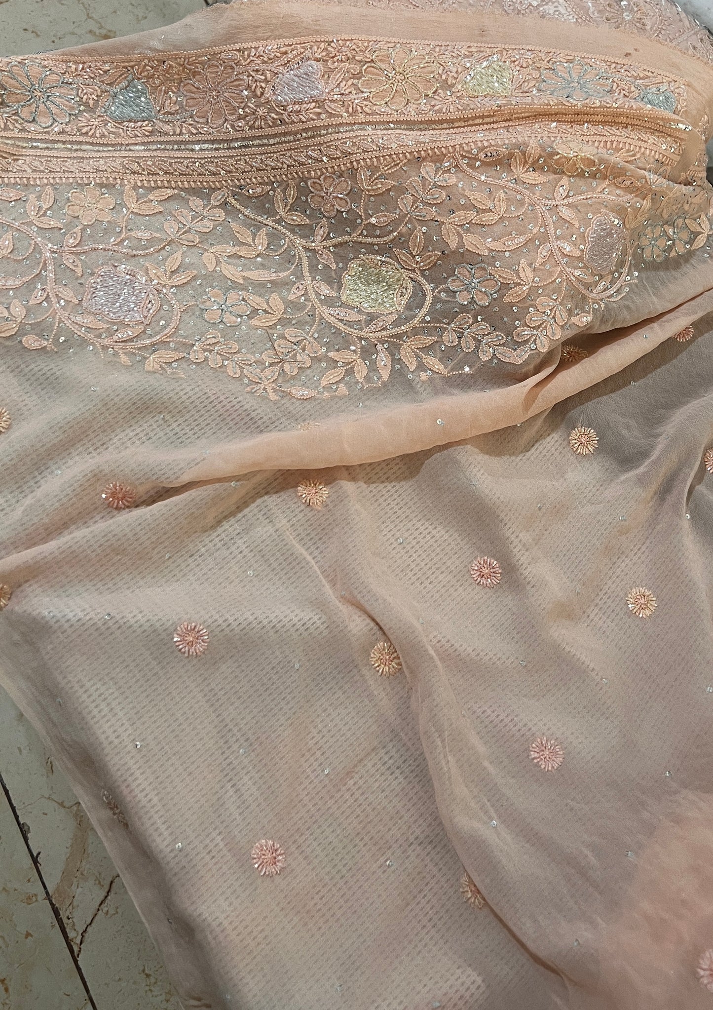 Ruhani Dusty peach Chikankari Multi Cut Dana and Sequins Saree