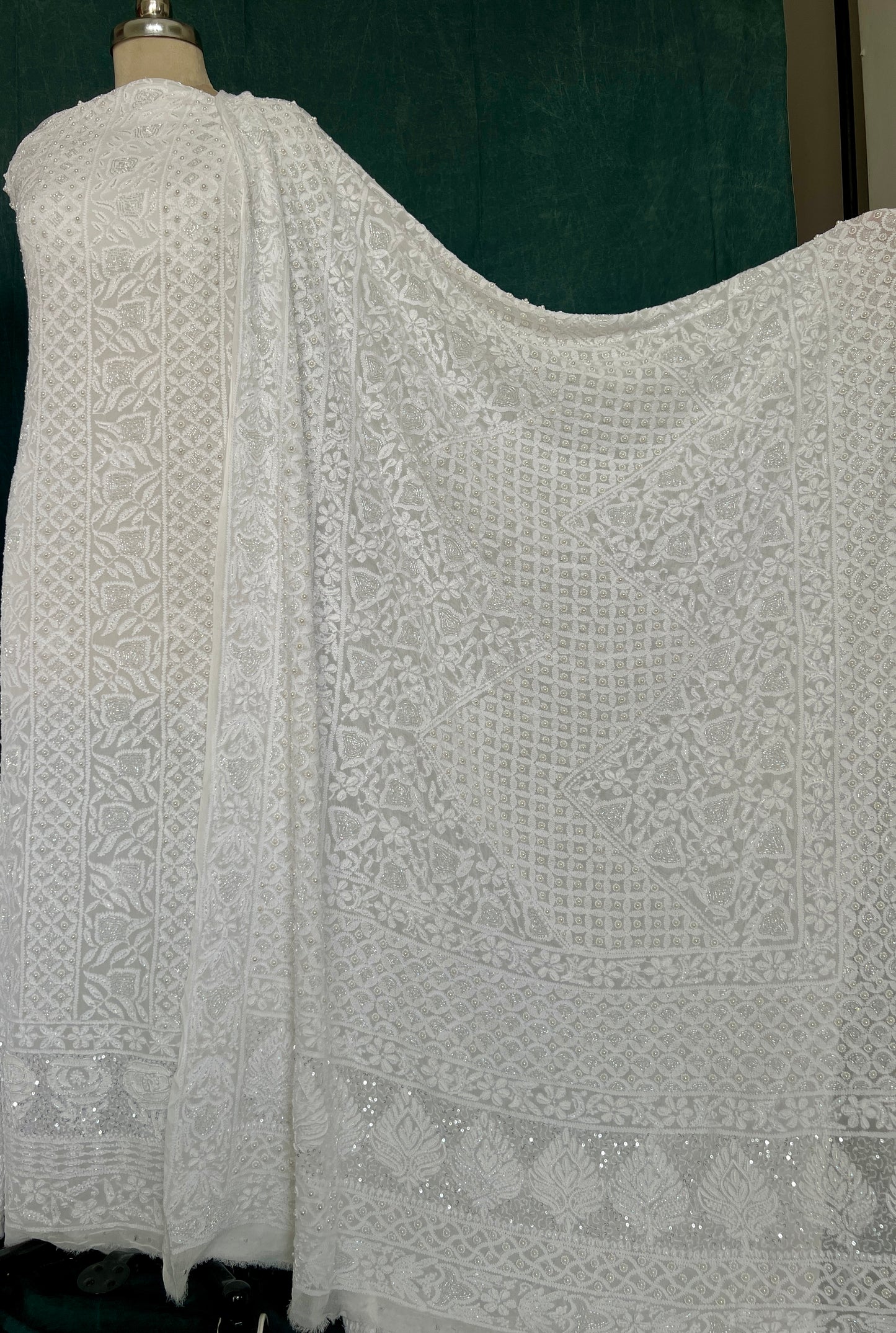 White Chikankari pearl cut Dana and Sequins work Kurta with Jaal Dupatta