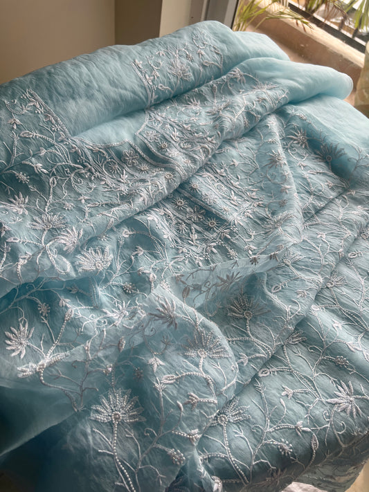Sky blue chikankari pearl cut Dana work pure Organza kurta with dupatta
