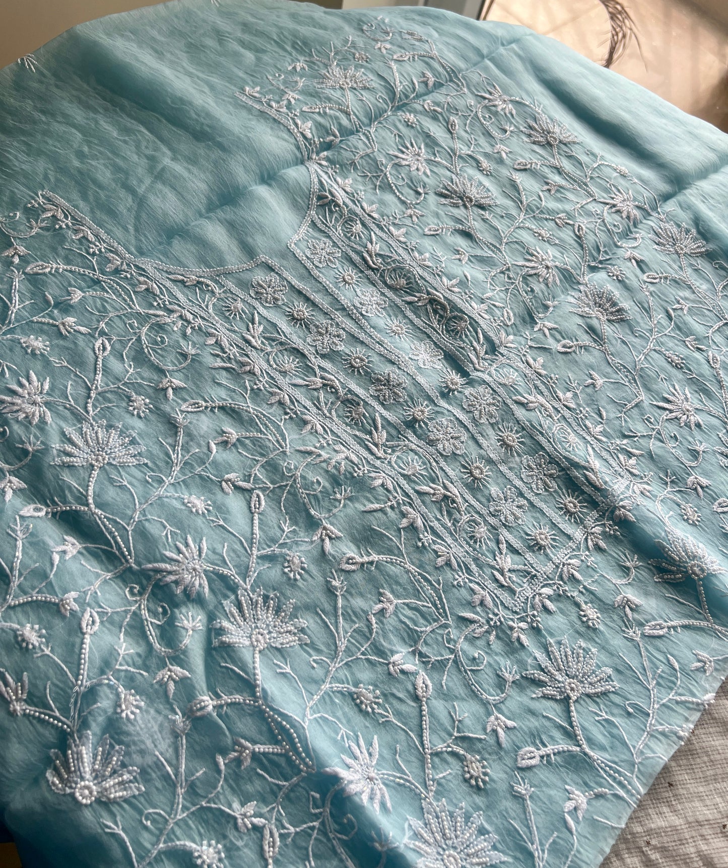 Sky blue chikankari pearl cut Dana work pure Organza kurta with dupatta