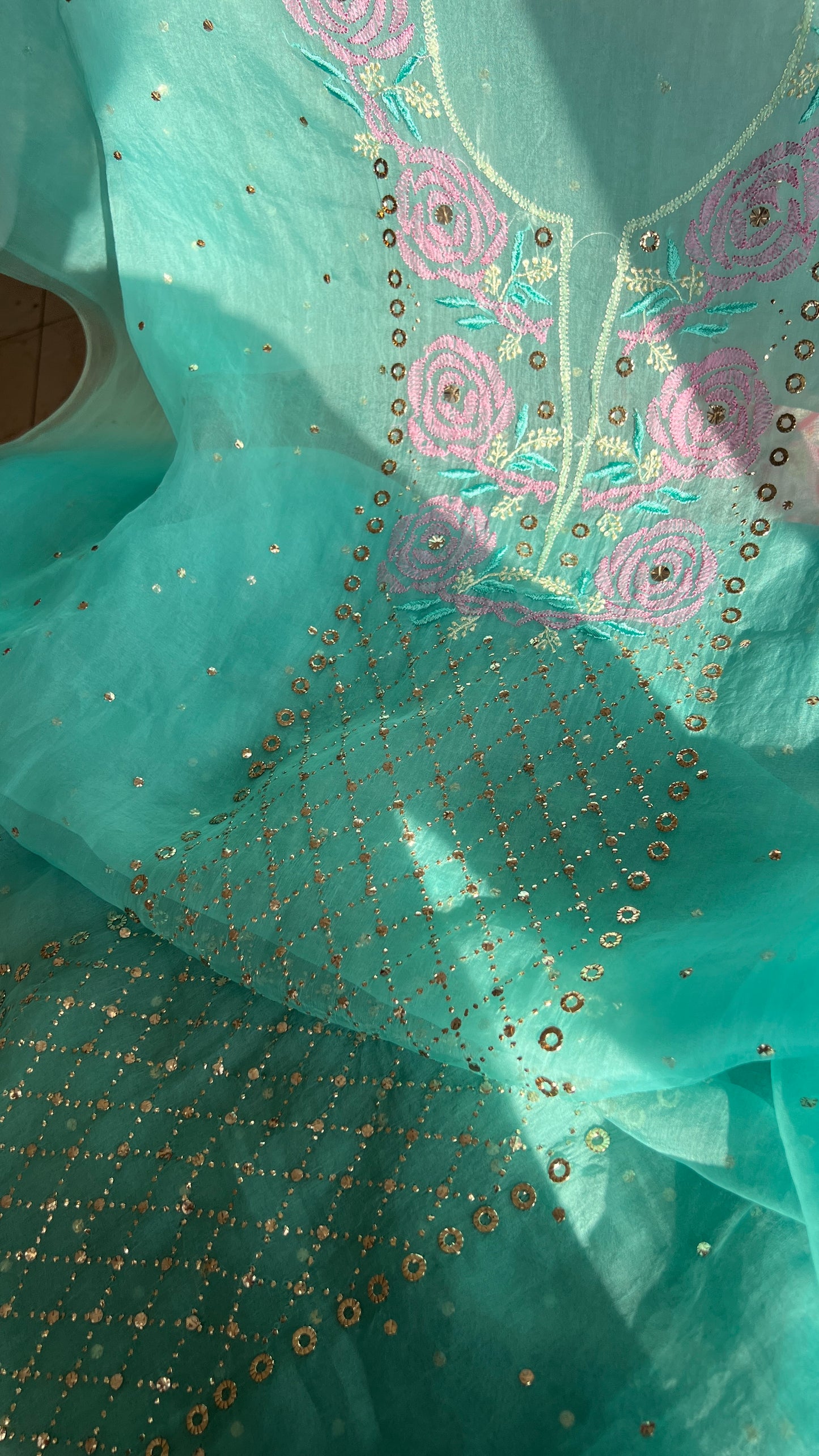 Firozi Chikankari and Mukaish pure Organza kurta with dupatta
