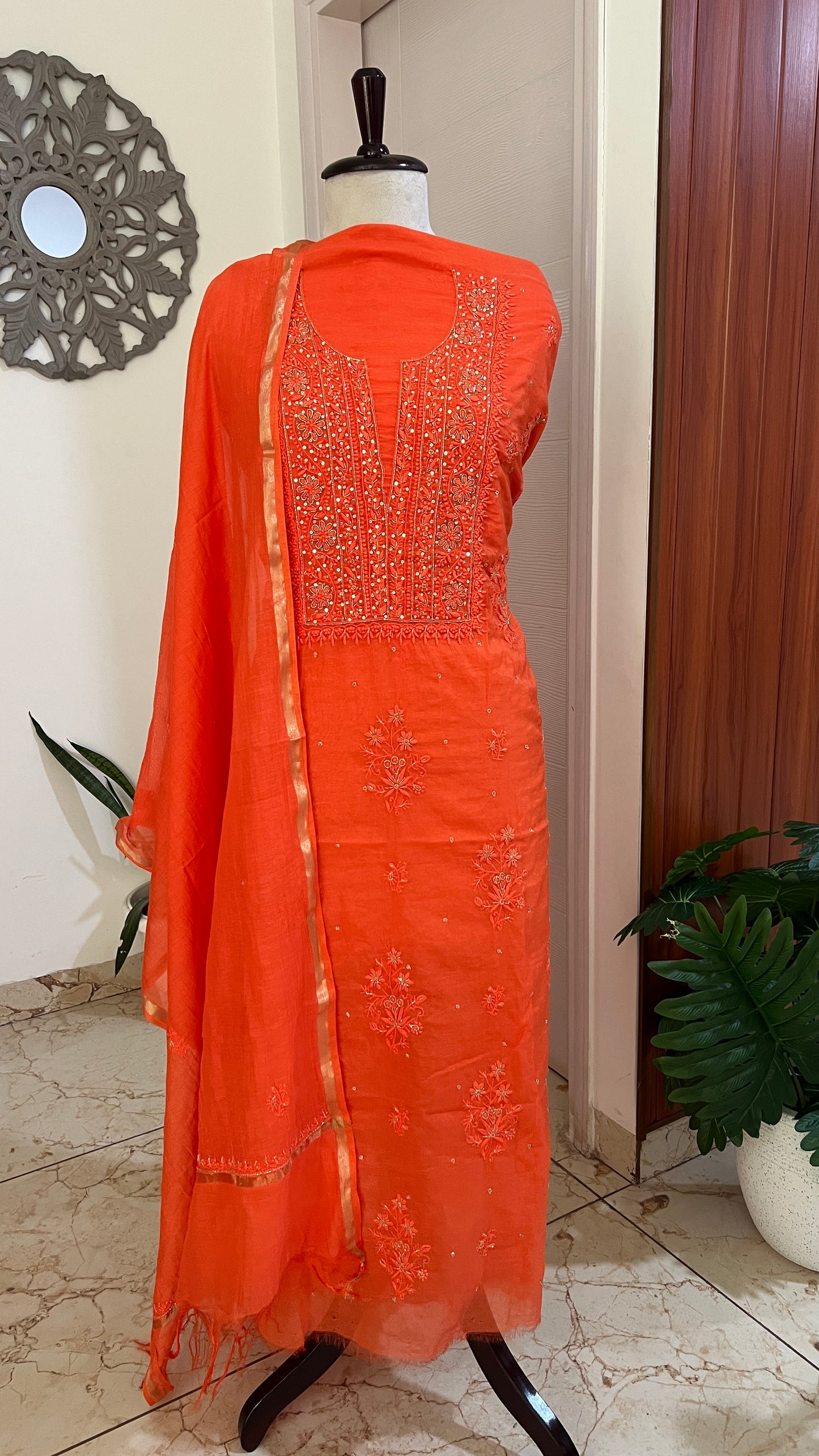 Mul Chanderi Chikankari Kurta and Dupatta Set
