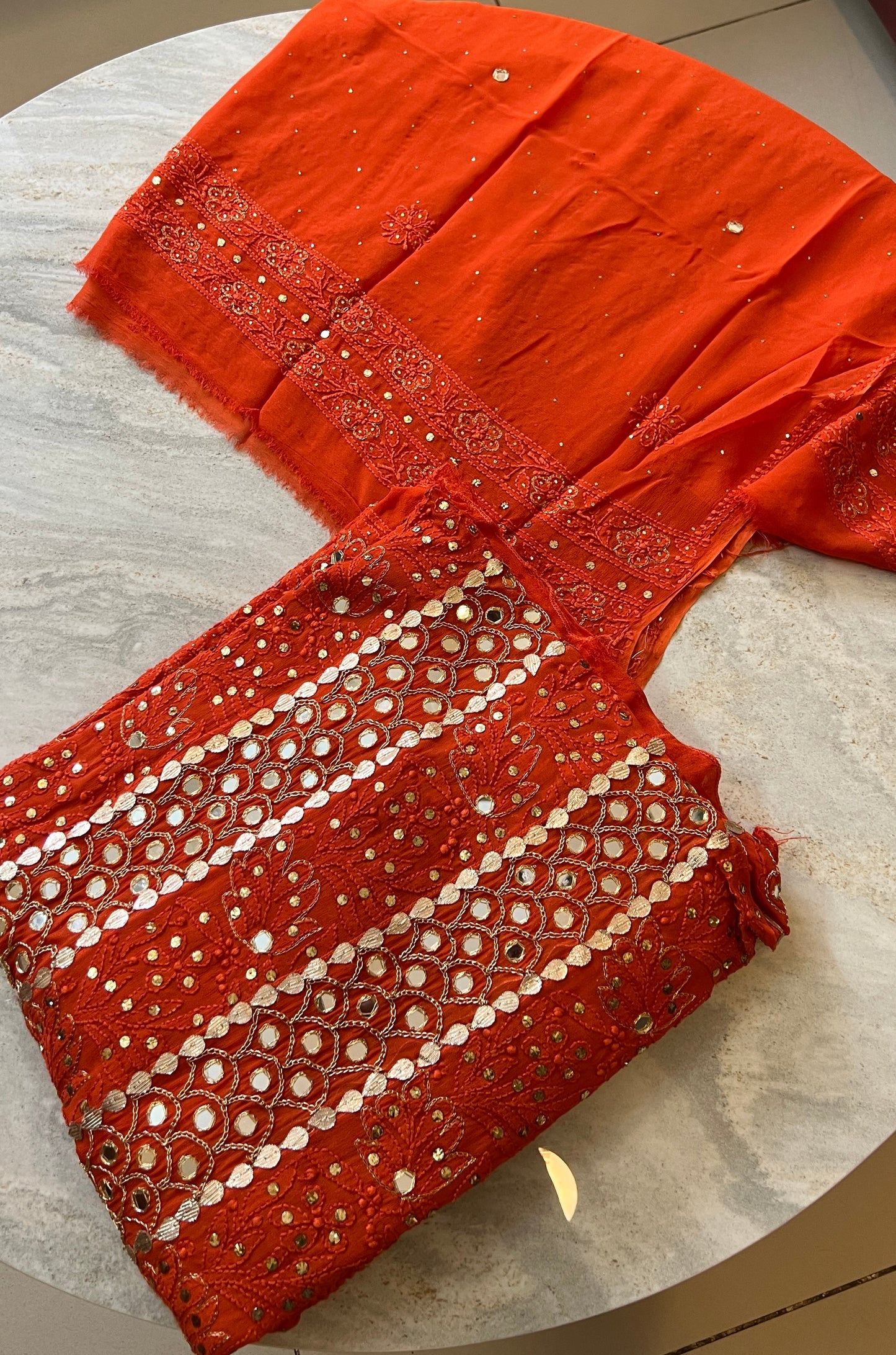 Orange Chikankari Mukaish Mirror and Gota Patti Anarkali with Dupatta