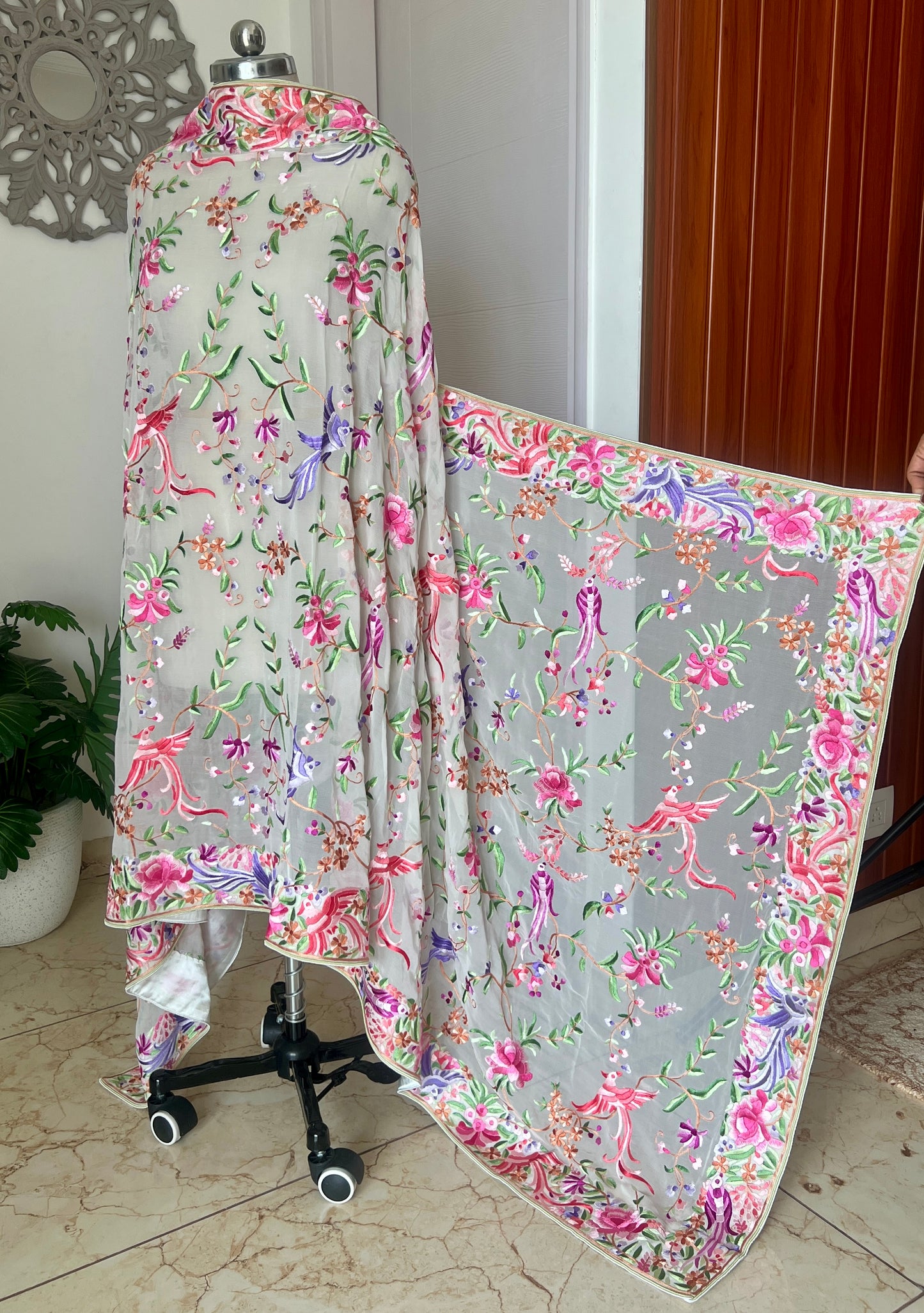 Ivory Masterpiece Parsi Gara Hand Embroidered Dupatta