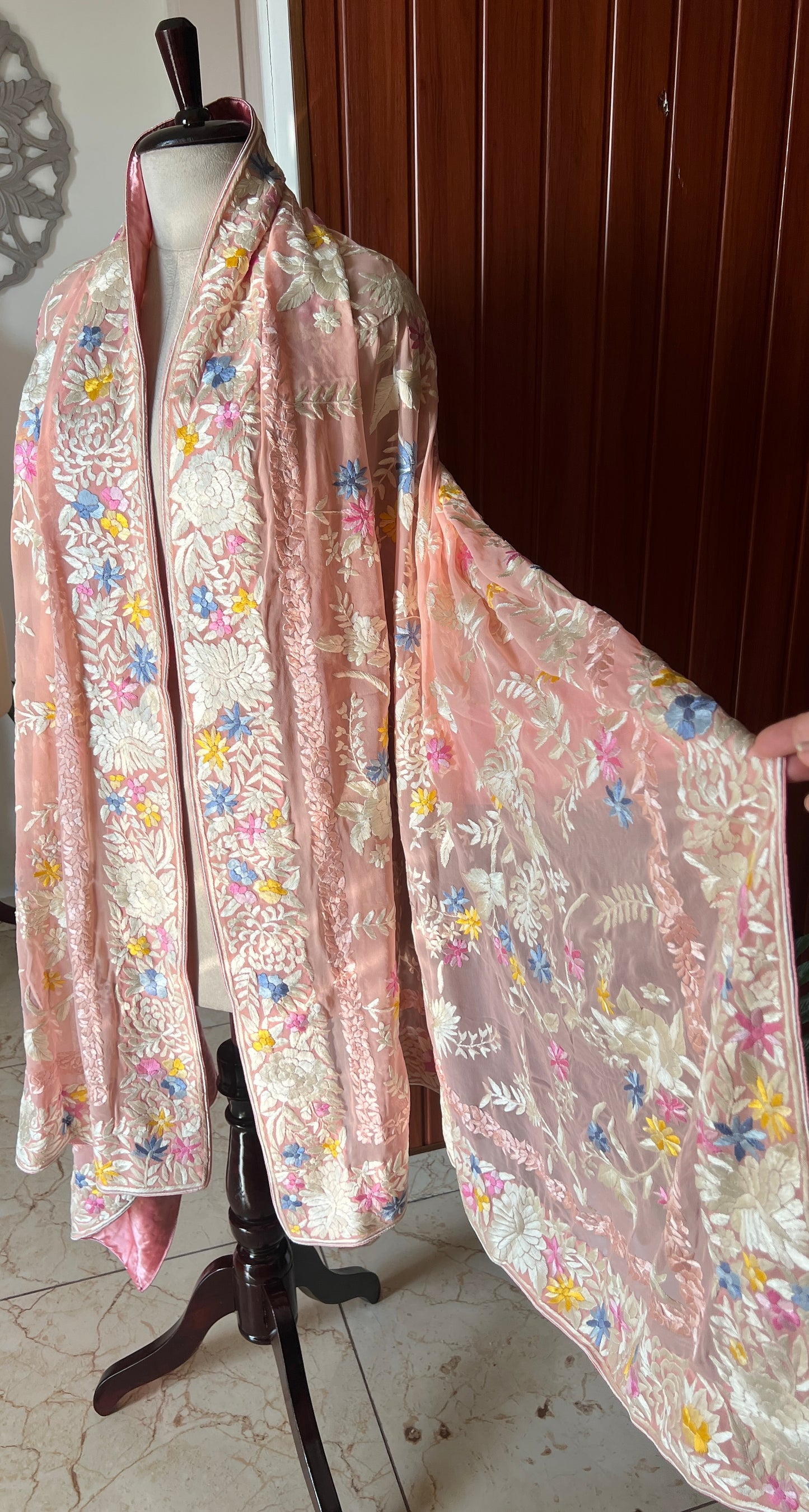 Blush Peach masterpiece Parsi Gara Dupatta Hand Embroidered