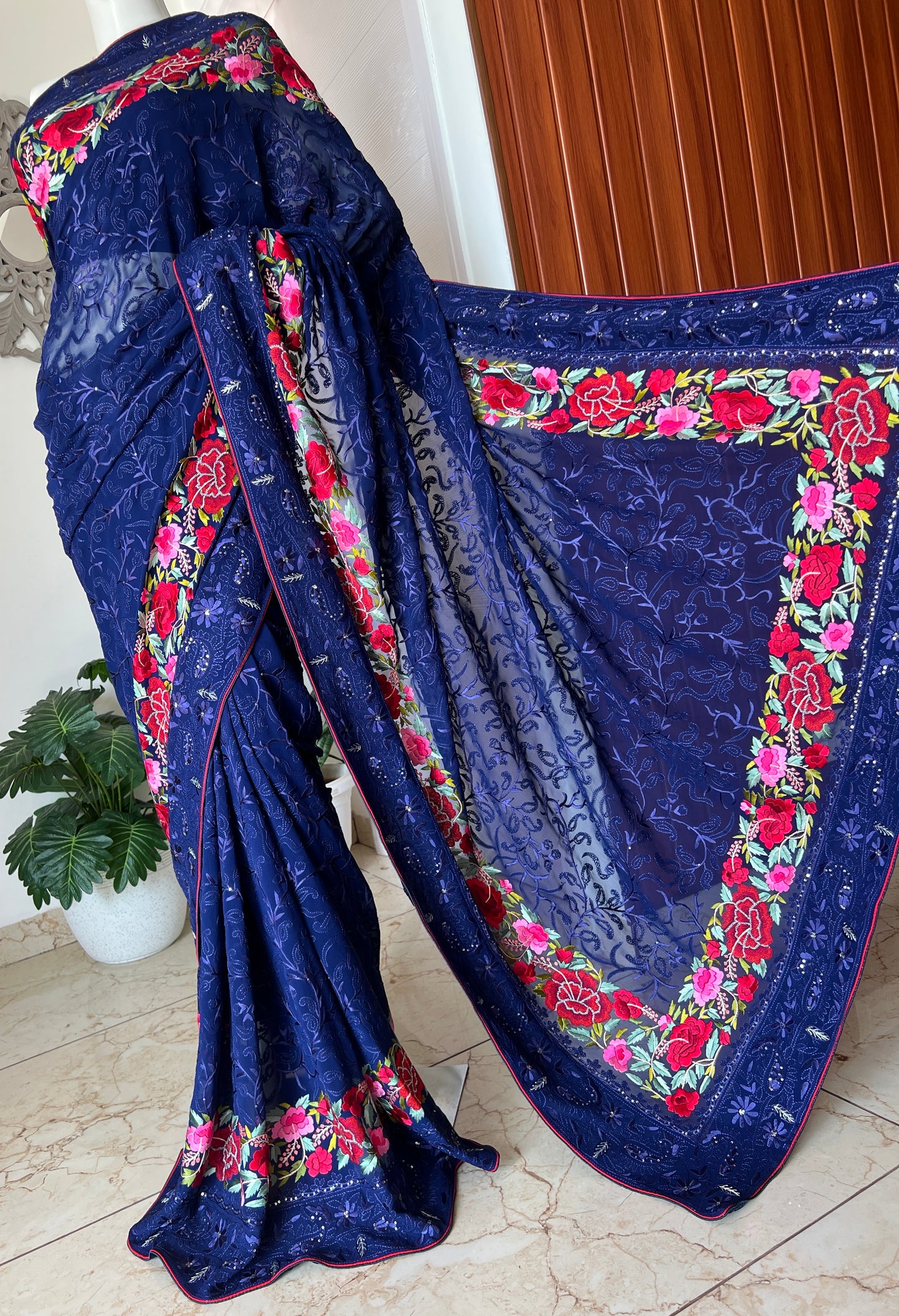 Navy Blue Pure Georgette saree with allover Parsi gara and french knot hand embroidery