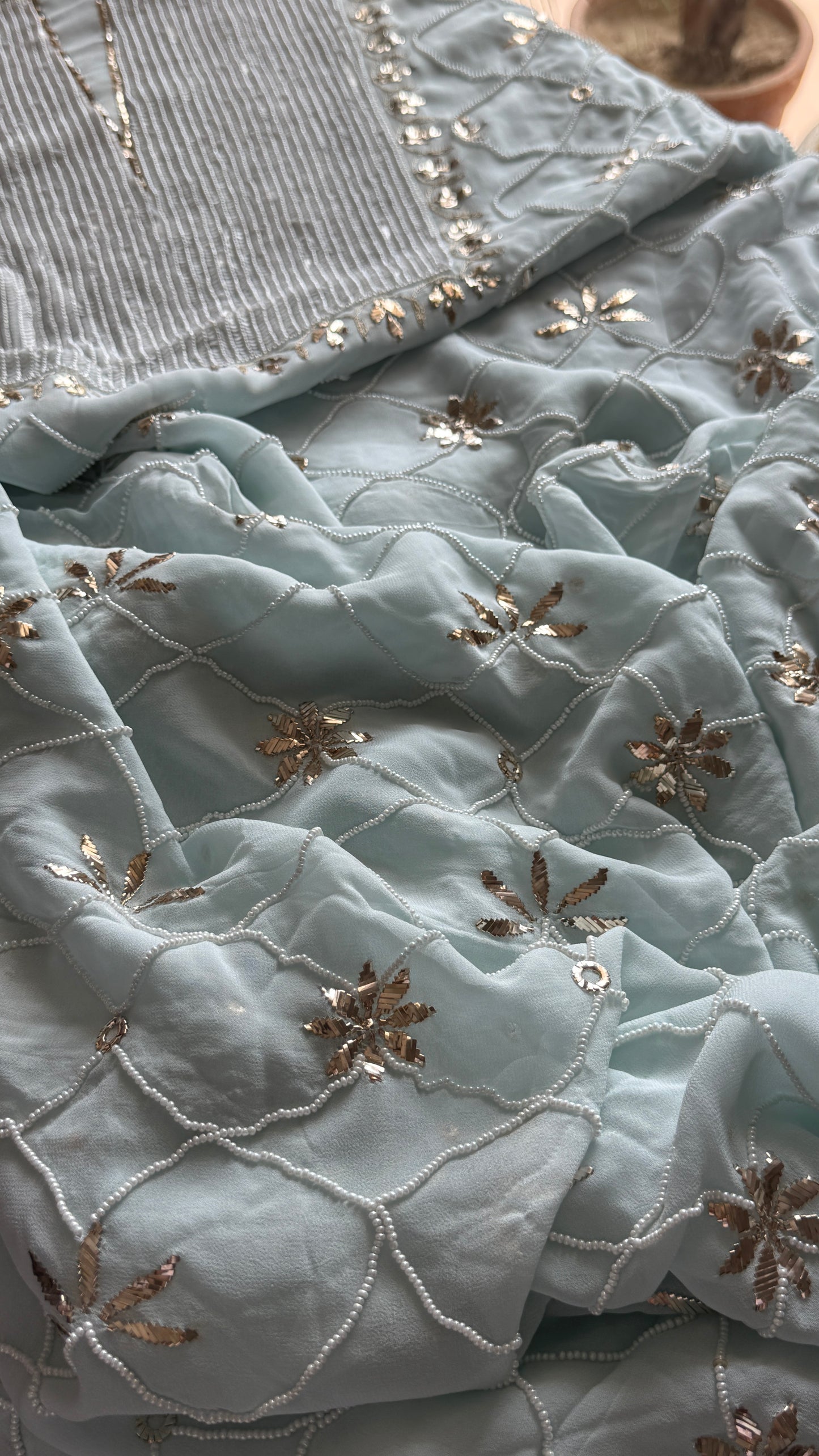 Ruhani Powder Blue Badla and Pearl Embroidered Kurta & Dupatta Set