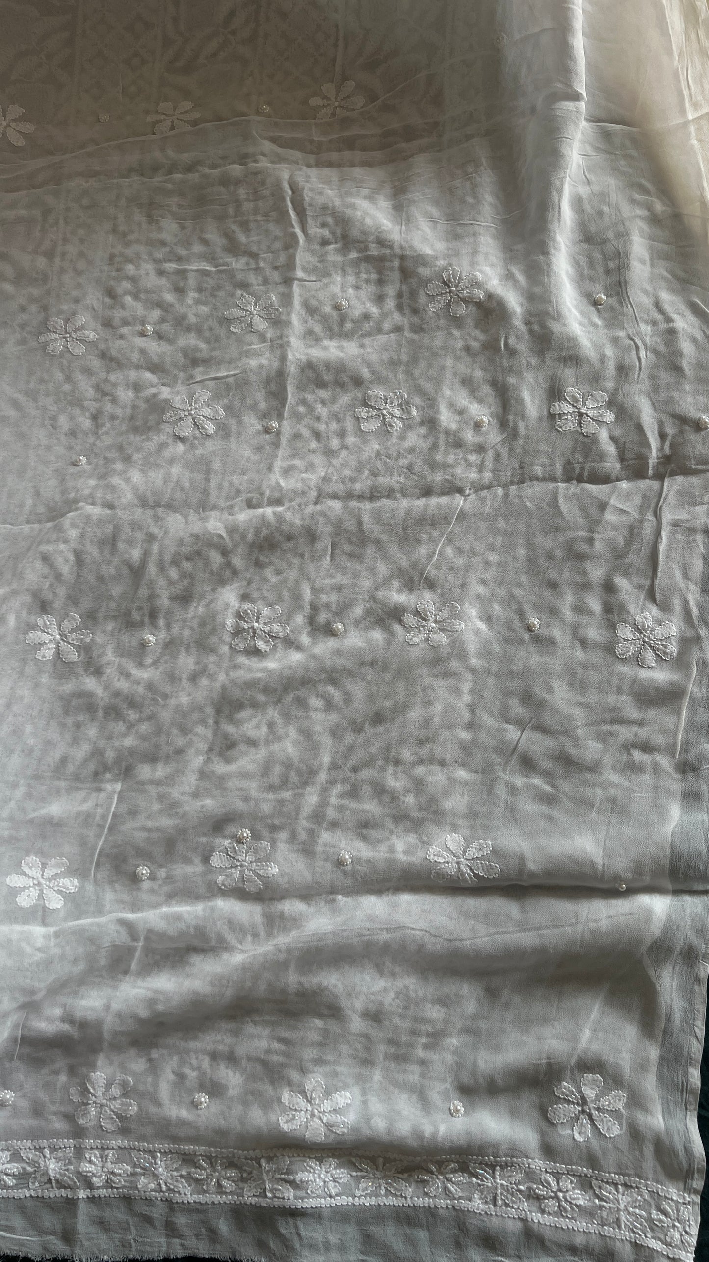 White Chikankari pearl cut Dana and Sequins work Kurta with Jaal Dupatta