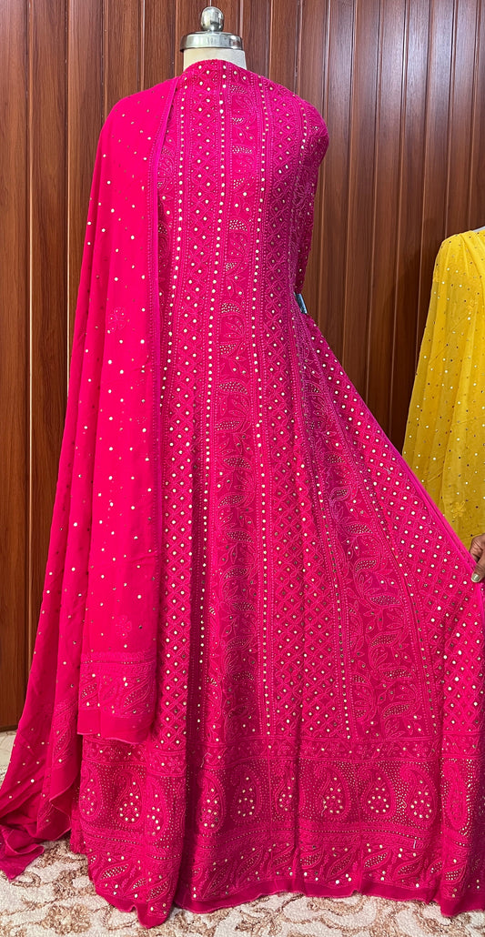 Hot Pink allover Chikankari and mukaish anarkali with dupatta
