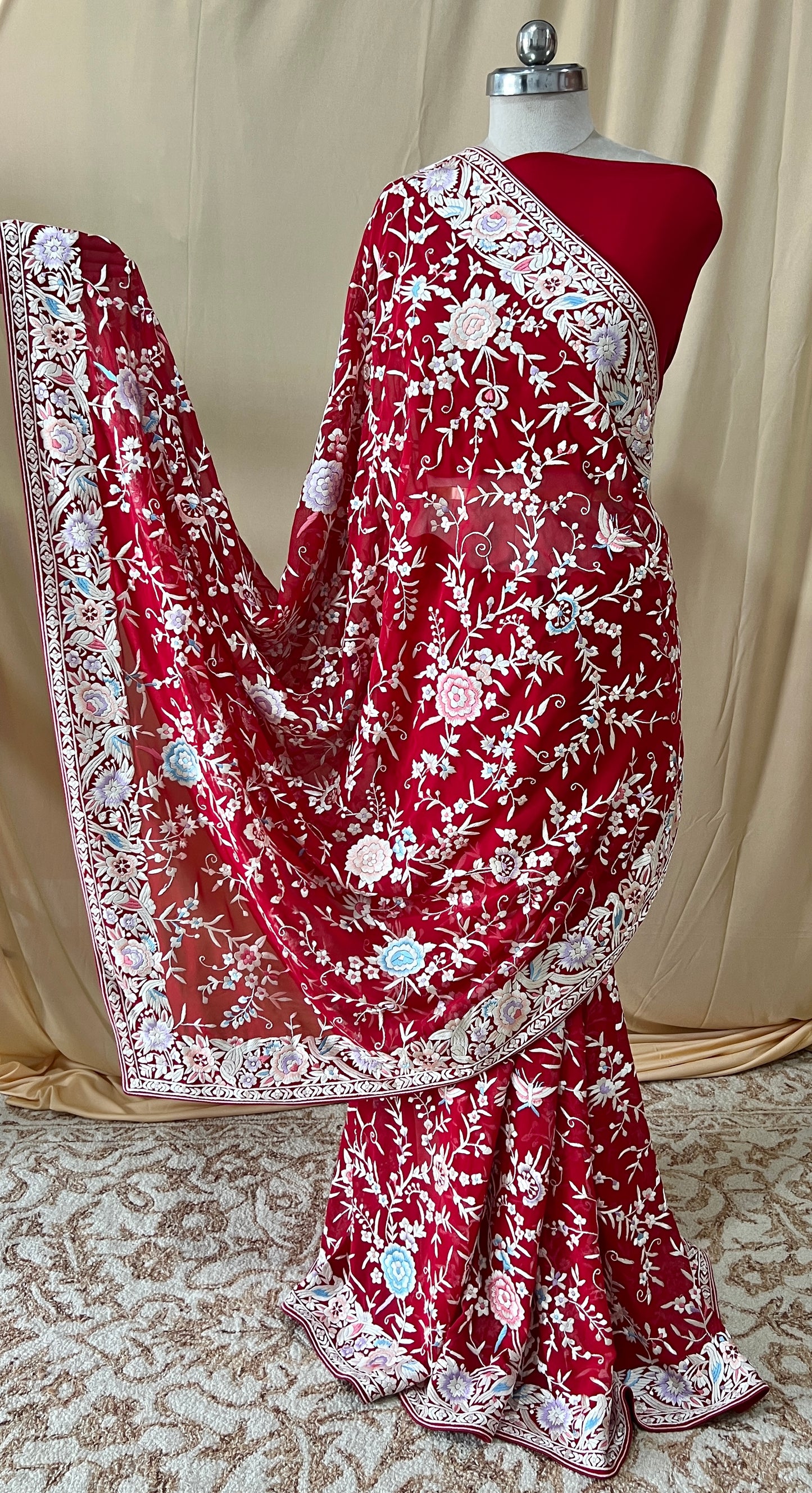 Red Masterpiece Parsi Gara Pure Georgette Saree