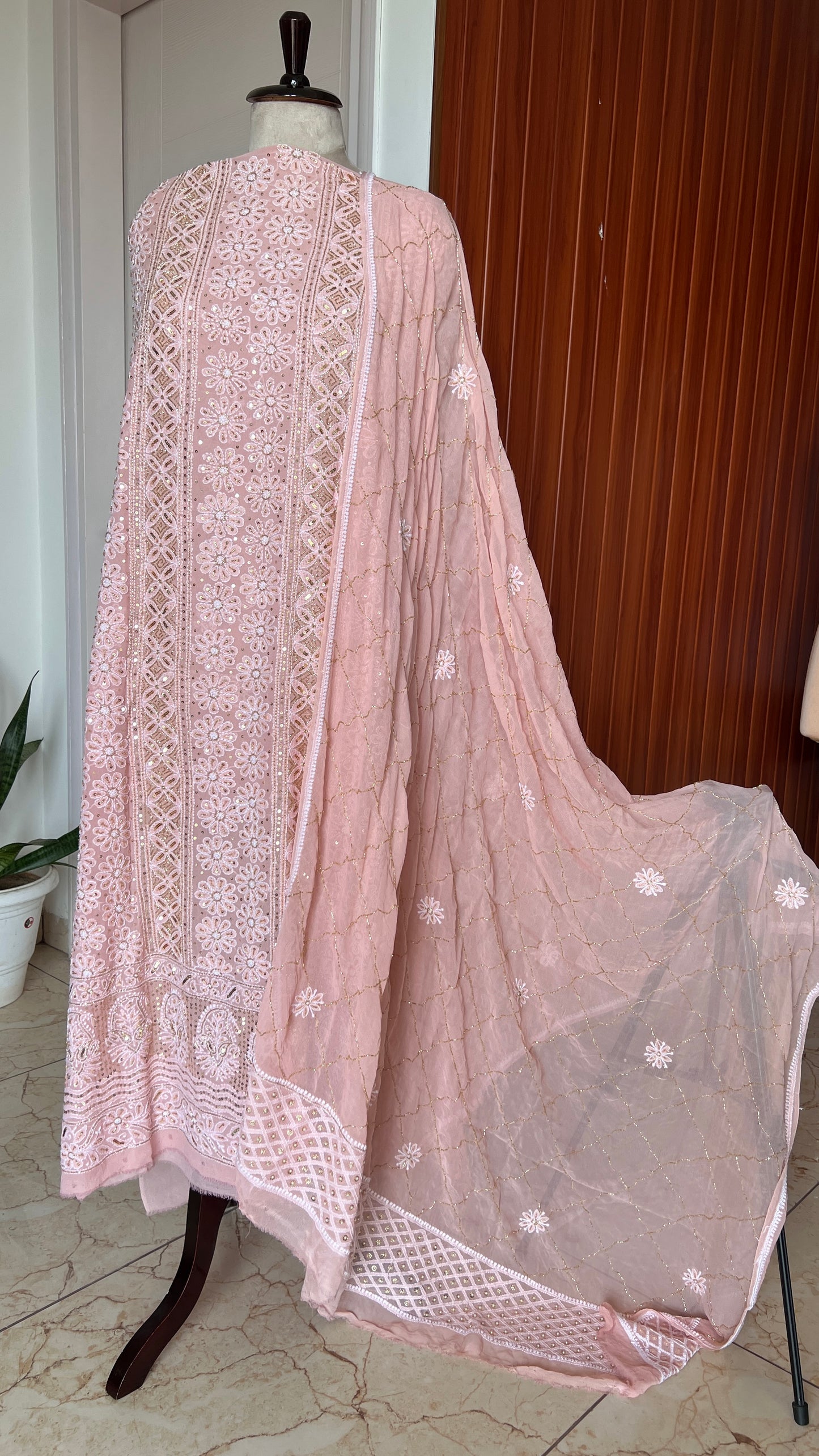 Ruhani Blush Peach Chikankari golden cut dana sequins kurta and dupatta
