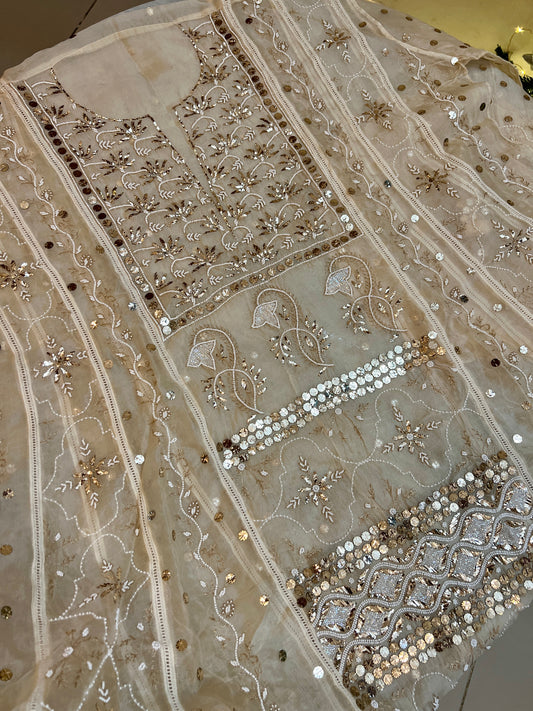 Pure Organza Anarkali with mukaish sequins and pearl work