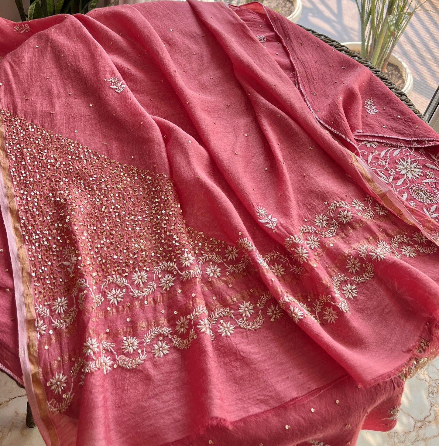 Moonga Silk Chikankari golden cut dana sequins kurta and dupatta