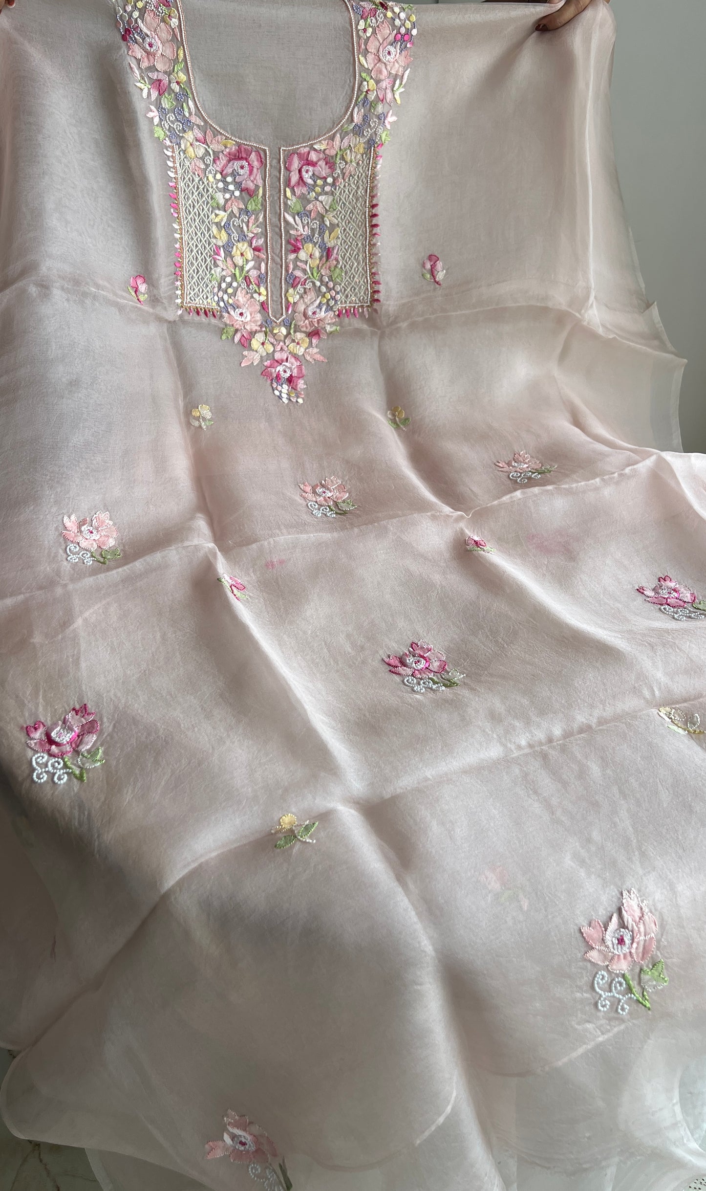 Nude pink Resham Chikankari pure Organza kurta with dupatta