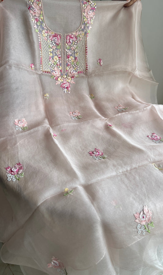 Nude pink Resham Chikankari pure Organza kurta with dupatta