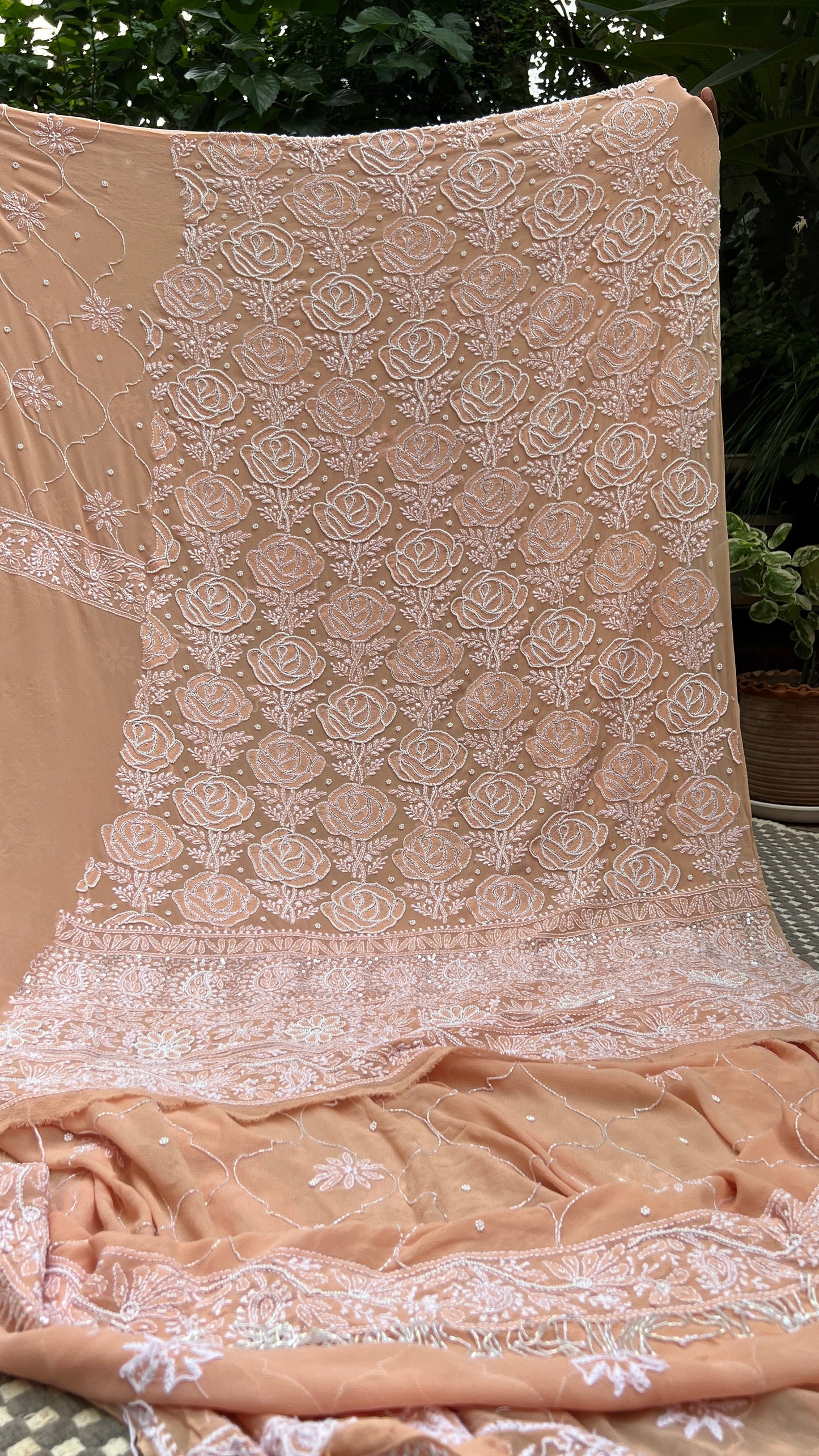 Light Orange Chikankari cut dana pearl sequins work kurta and dupatta