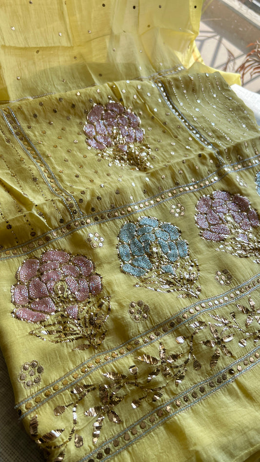 Yellow mukaish and Cut Dana Kurta and Dupatta