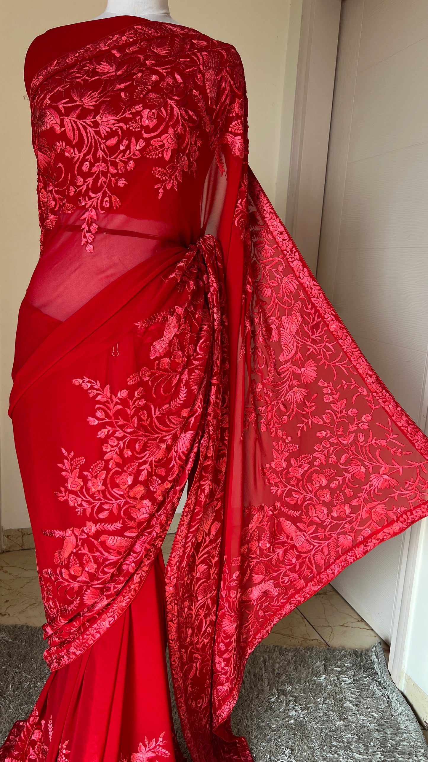 Roja Red pure georgette saree with parsi gara hand embroidery