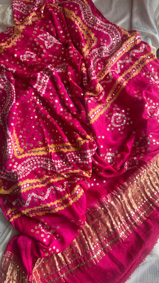 Pink Gajji Silk Bandhej dupatta with mukaish work