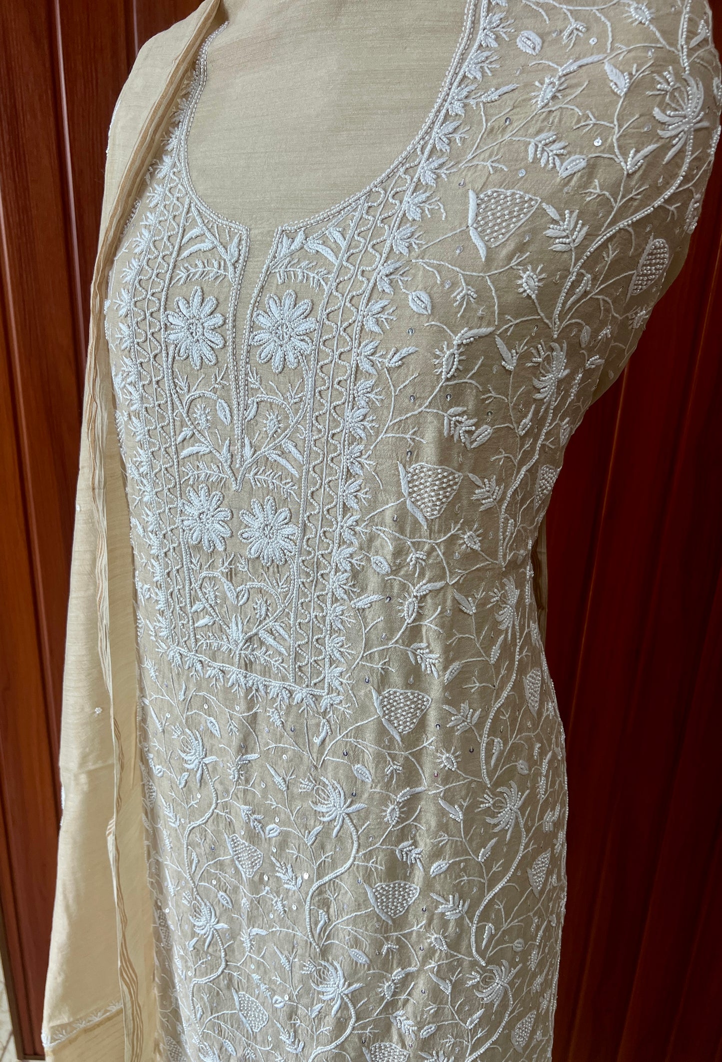 Munga silk Chikankari and pearl embroidered kurta and dupatta